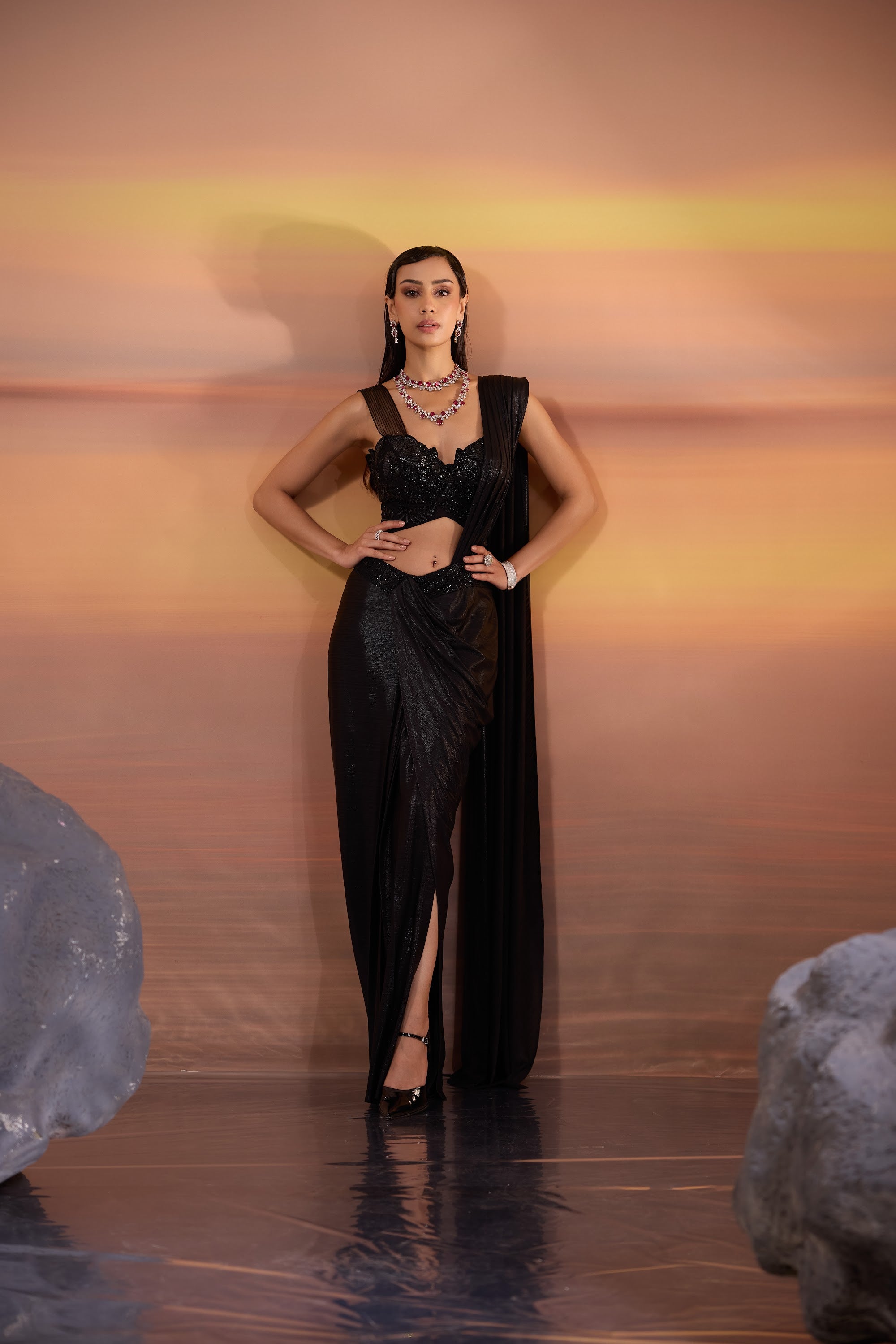 Black Embellished Strappy Blouse with Saree Set - main image