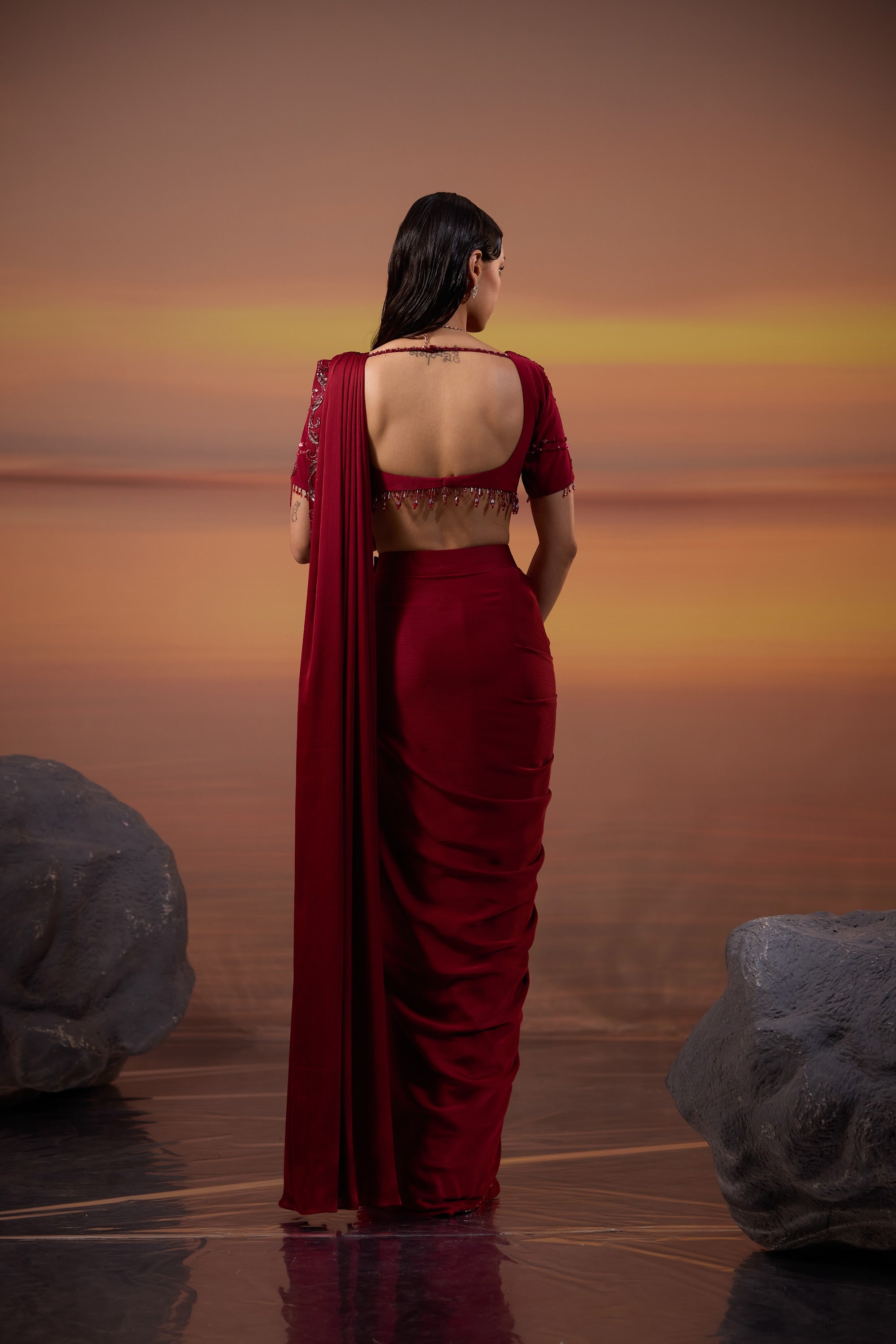 Dark Maroon Embroidered Drape Saree Set - view 2