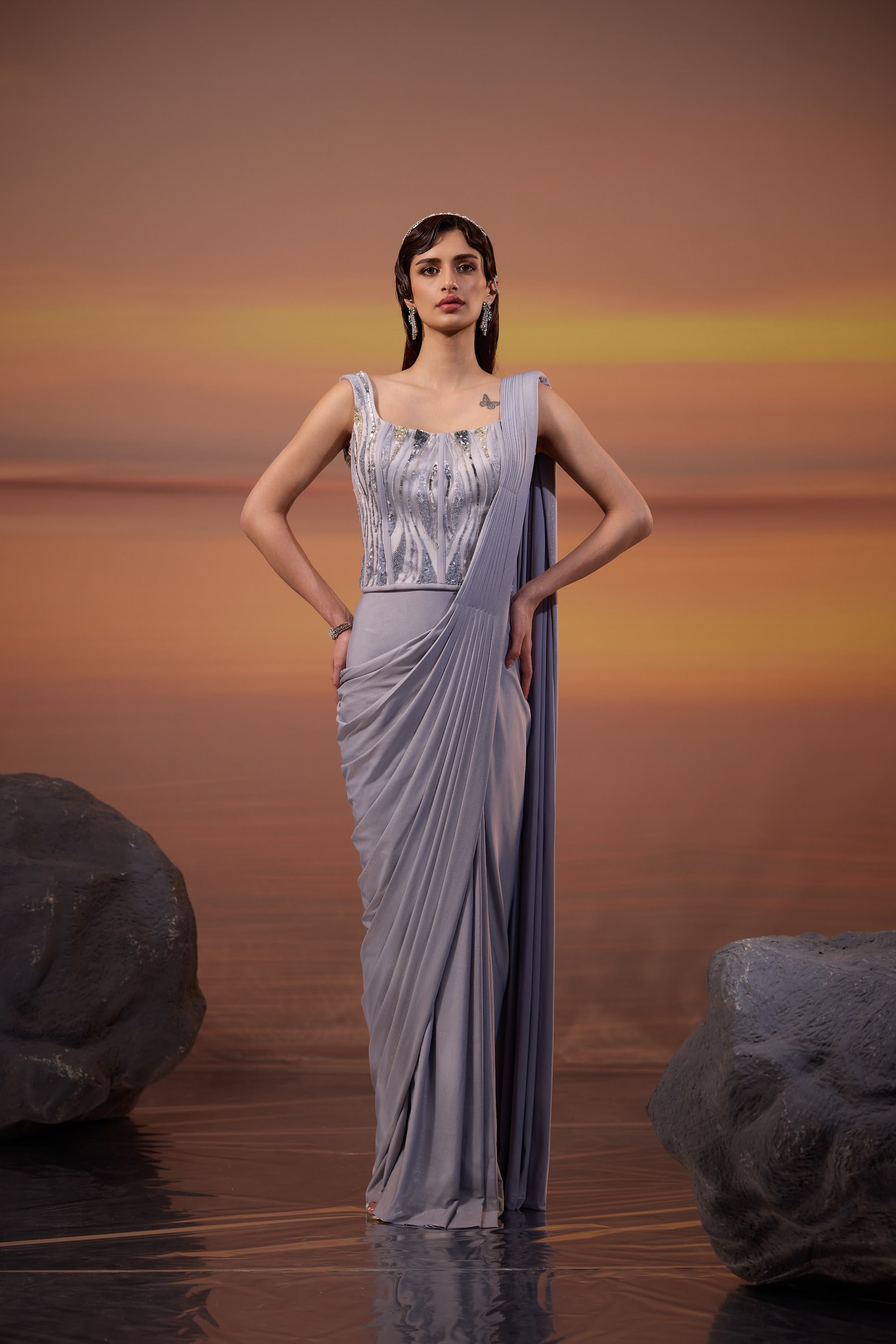 Grey Corset Embellished Drape Saree Set - main image