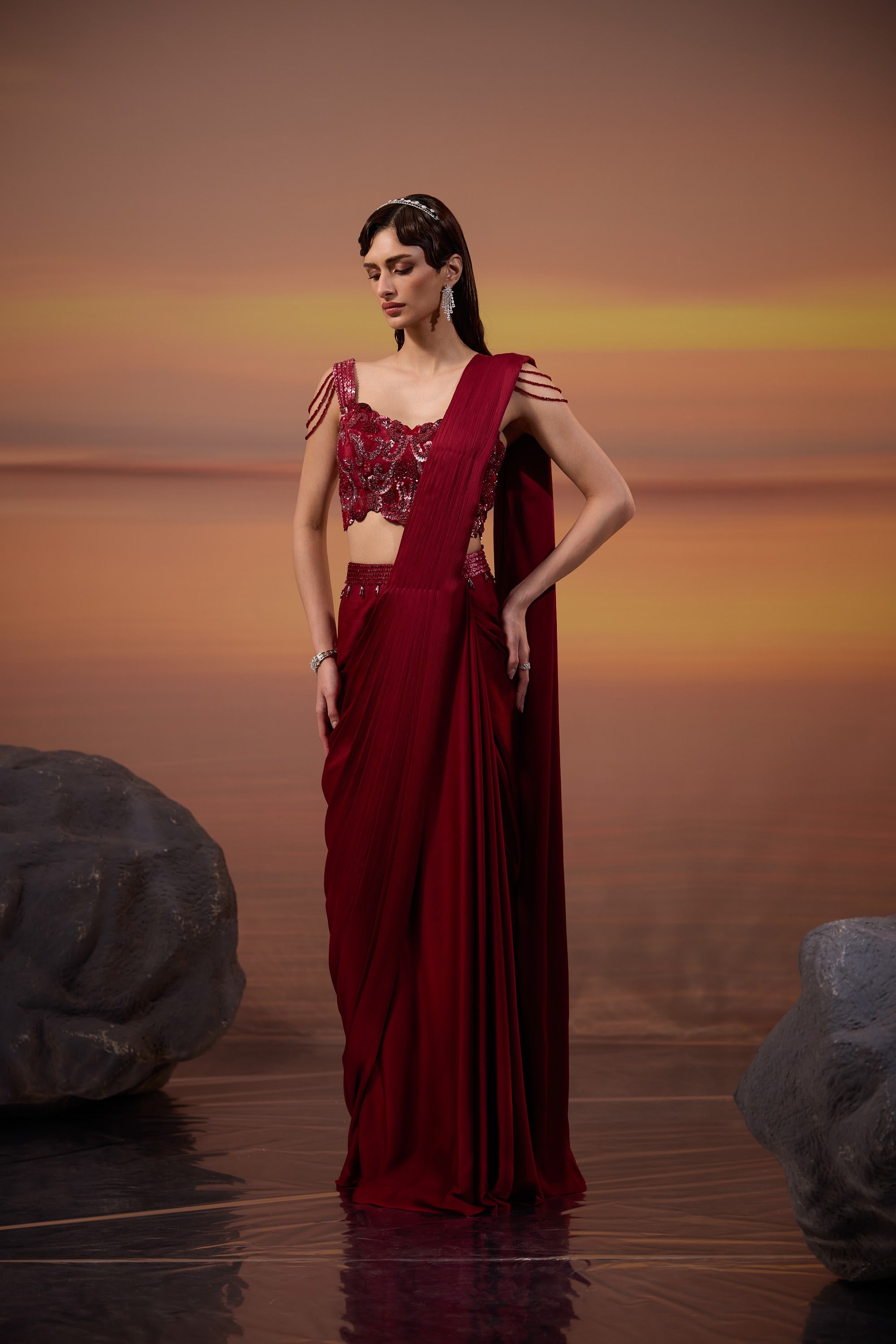 Dark Maroon Embellished Drape Saree Set - main image