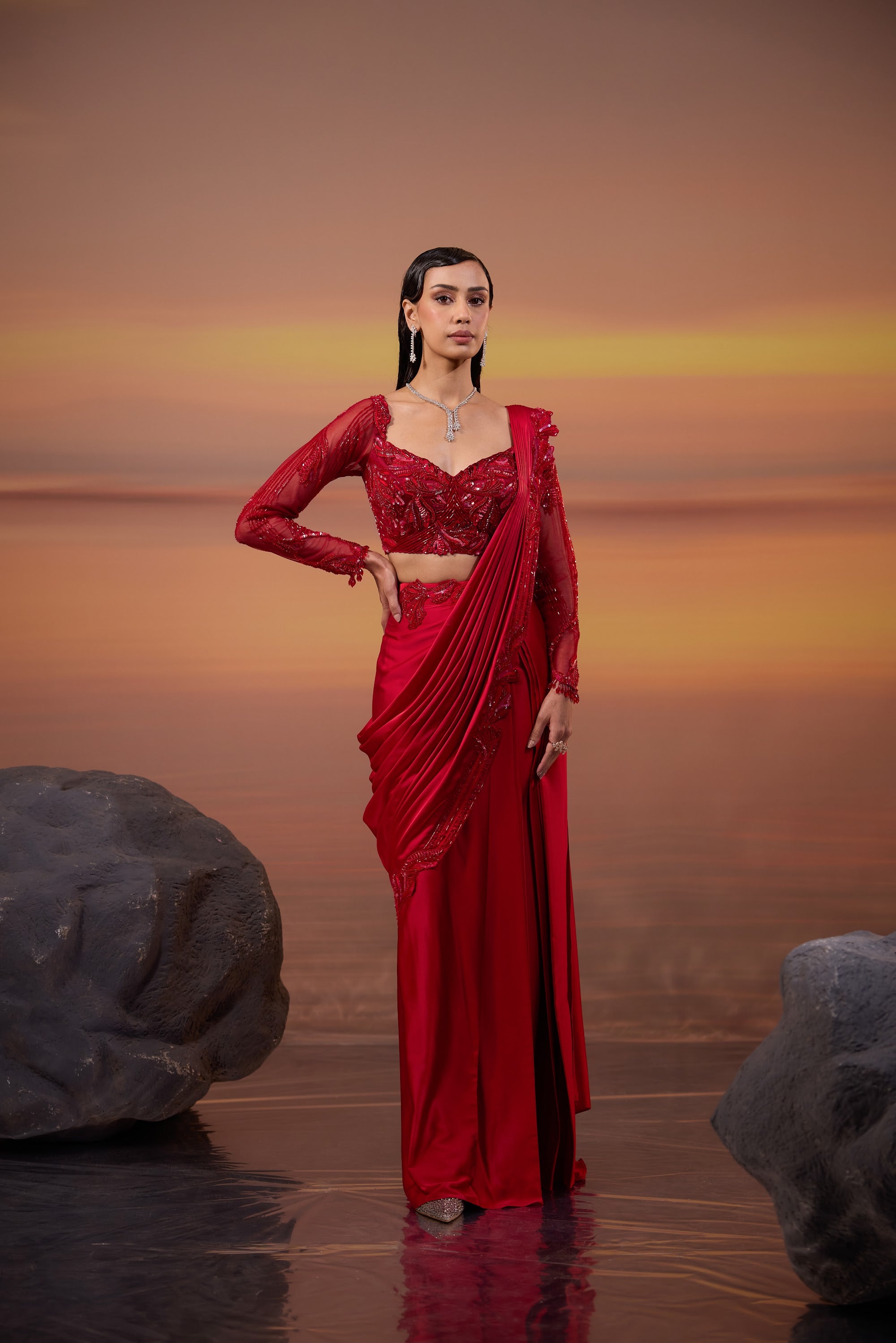 Crimson Embroidered Palla Drape Saree - view 2