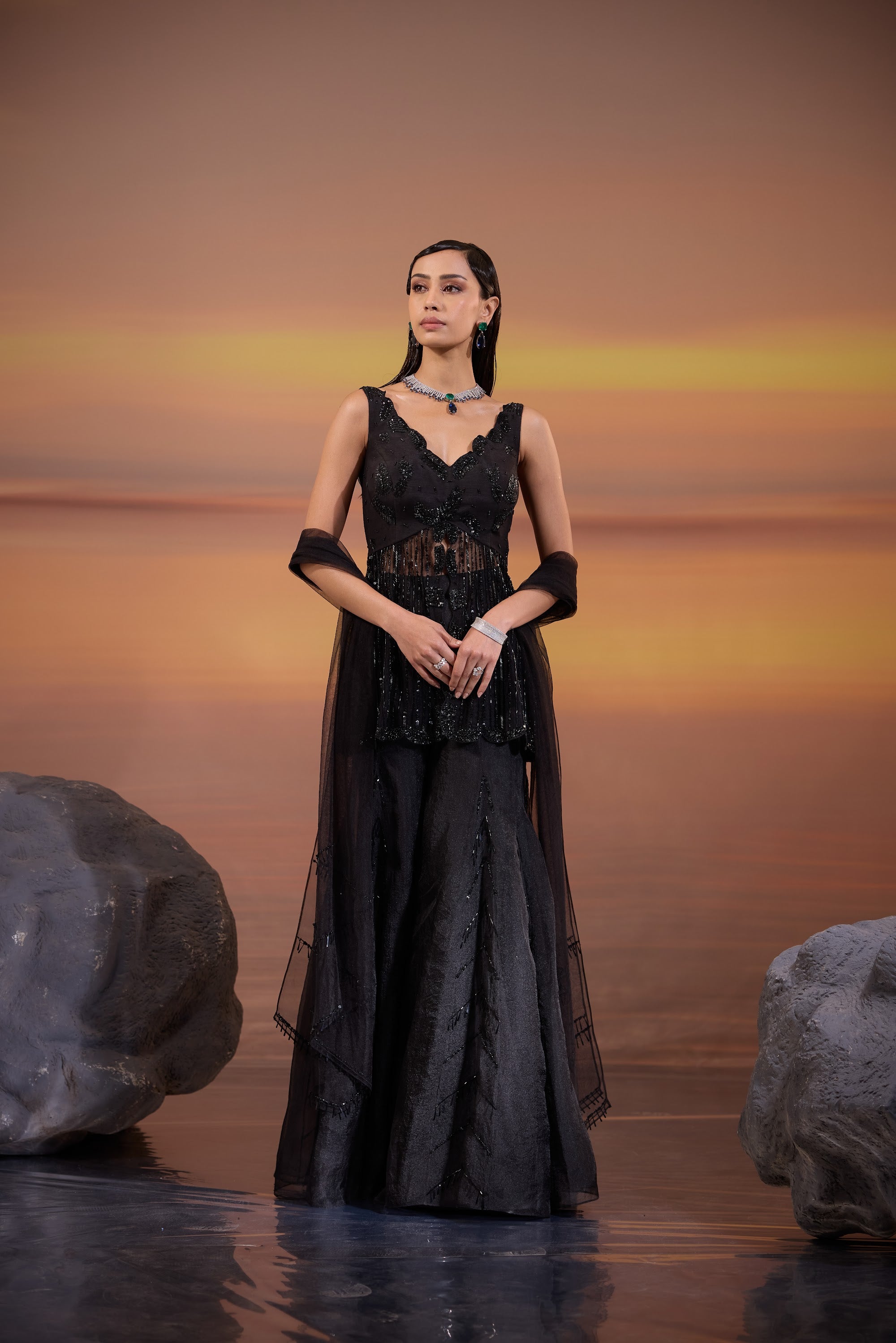 Black Embellished Sharara Set - view 2