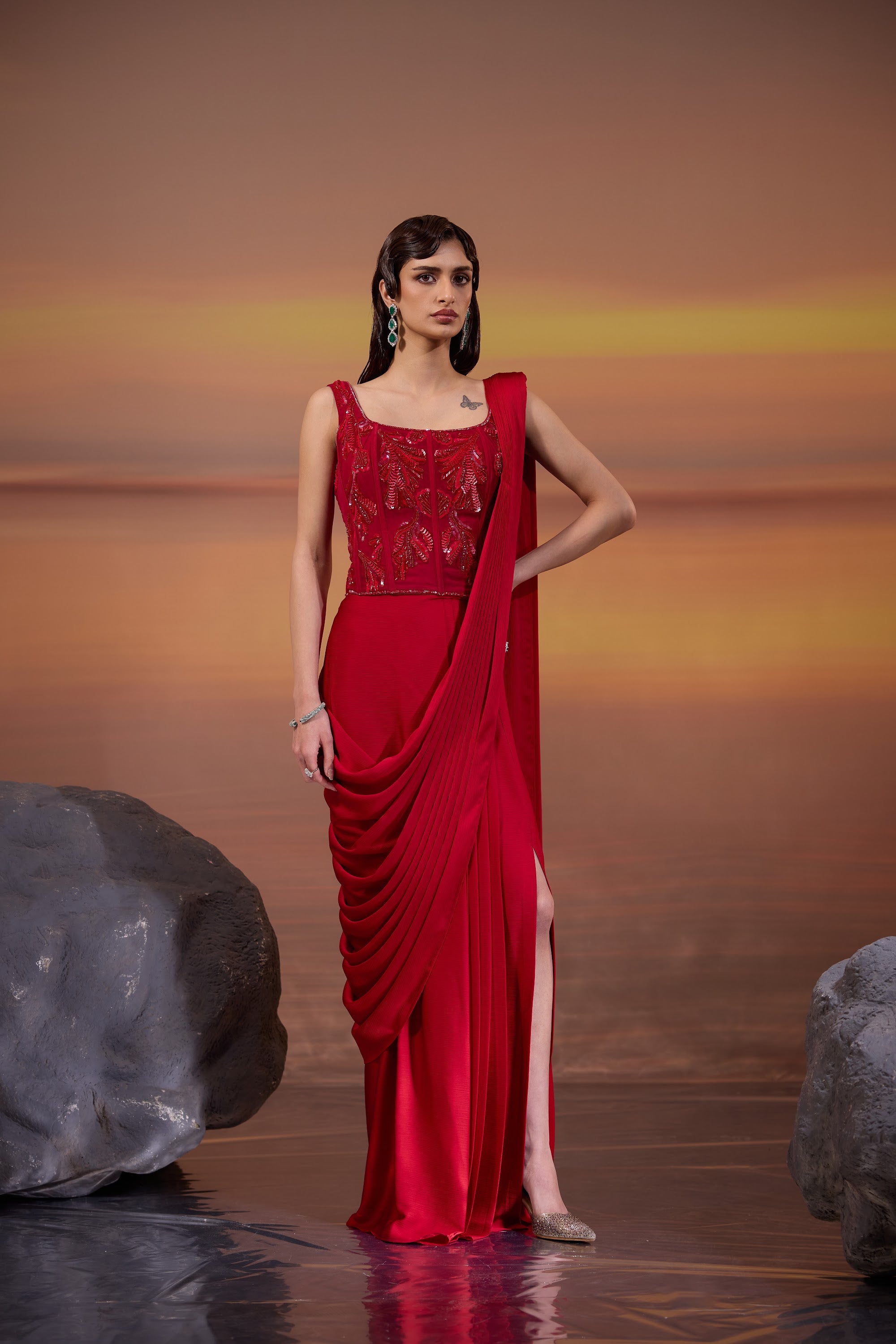 Crimson Corset Style Drape Saree - main image