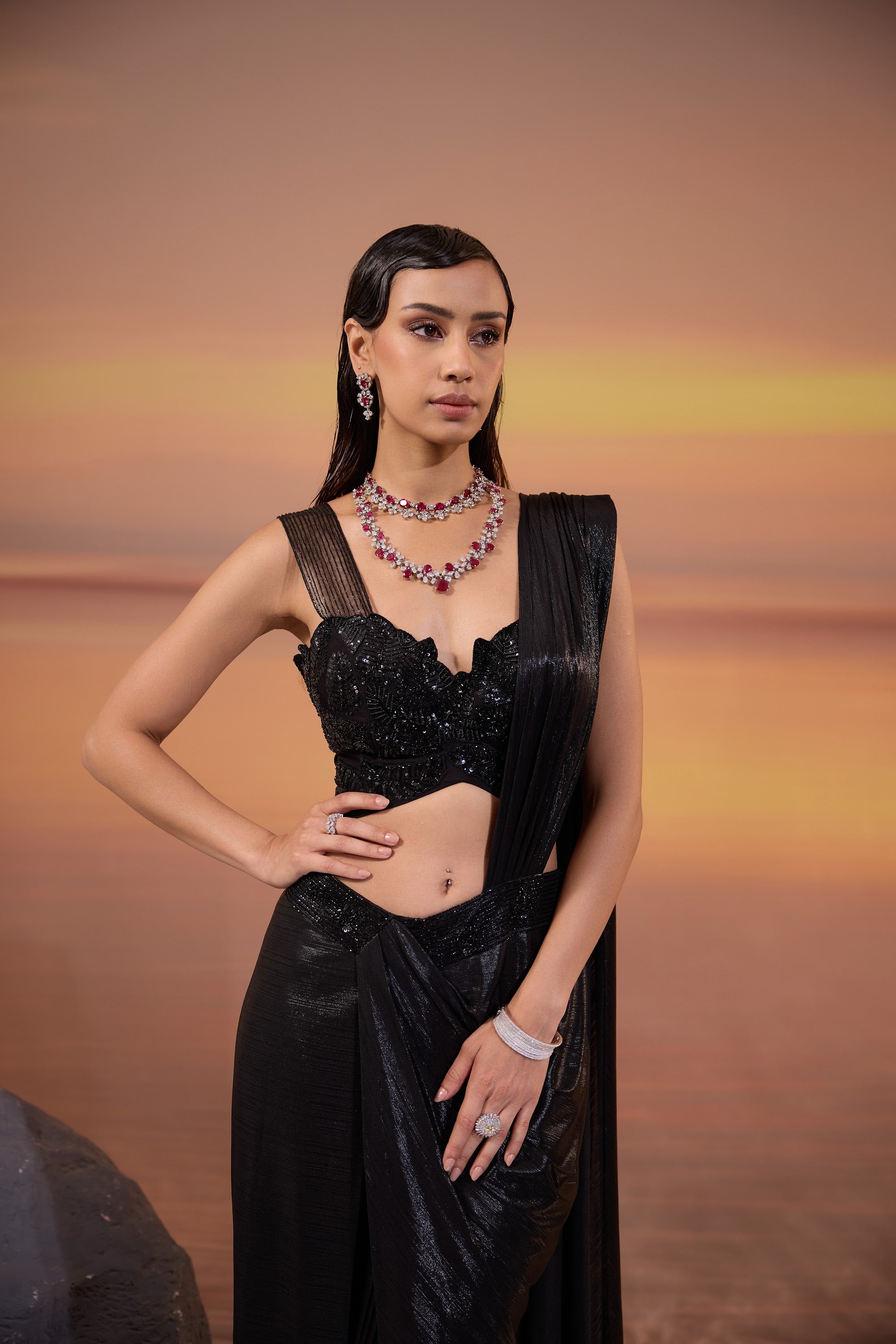 Black Embellished Strappy Blouse with Saree Set - view 2