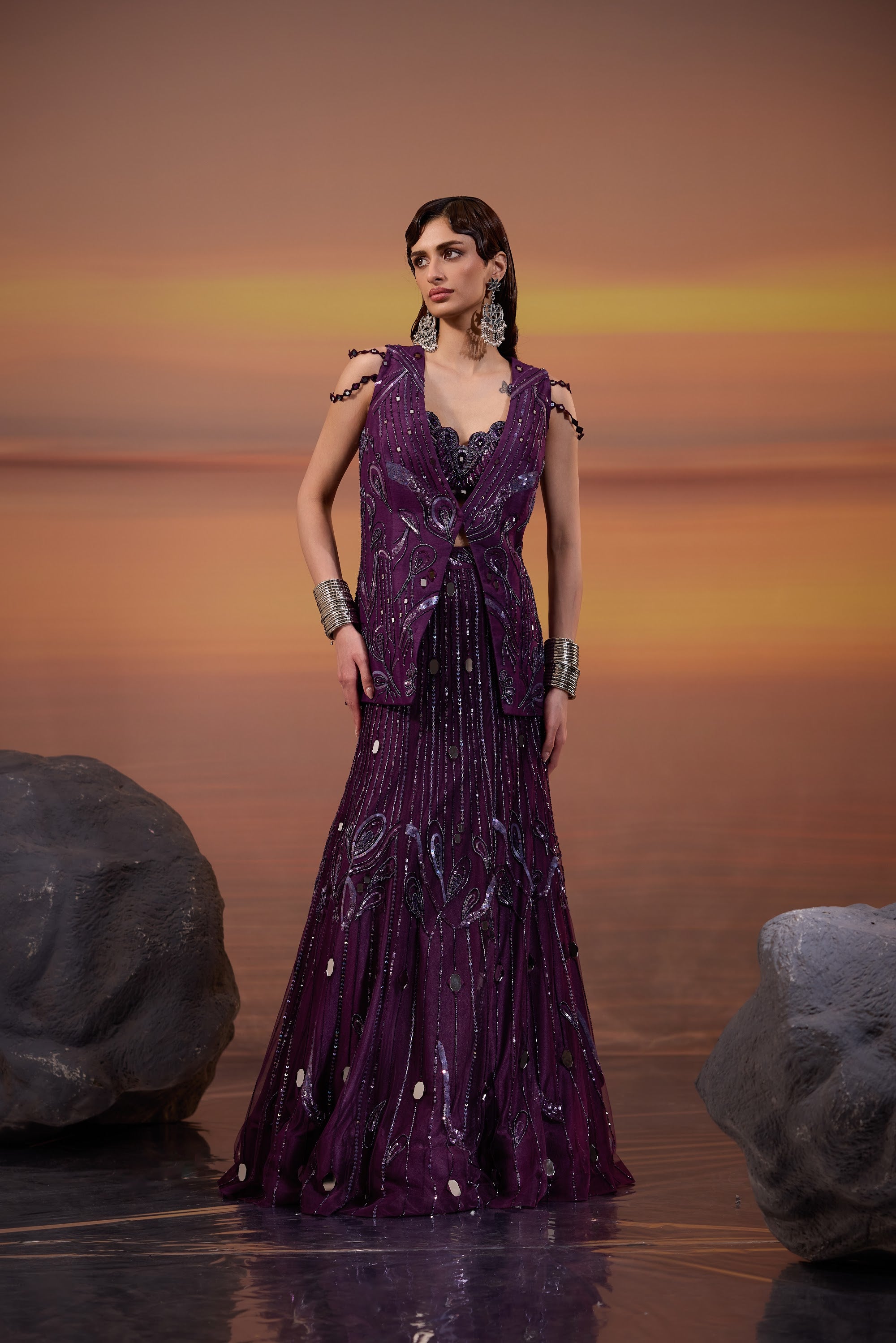 Dark Amethyst Embellished Jacket with Lehenga Set - main image