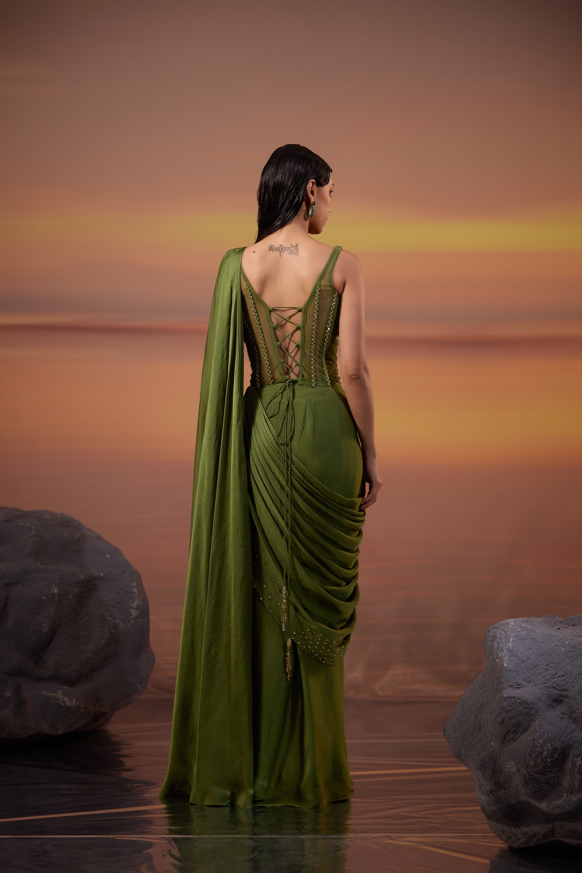 Olive Green Corset Draped Saree Set - view 2
