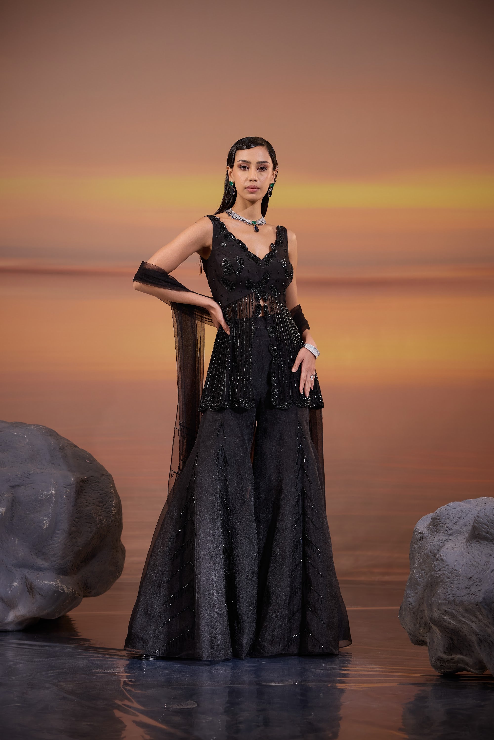 Black Embellished Sharara Set - main image