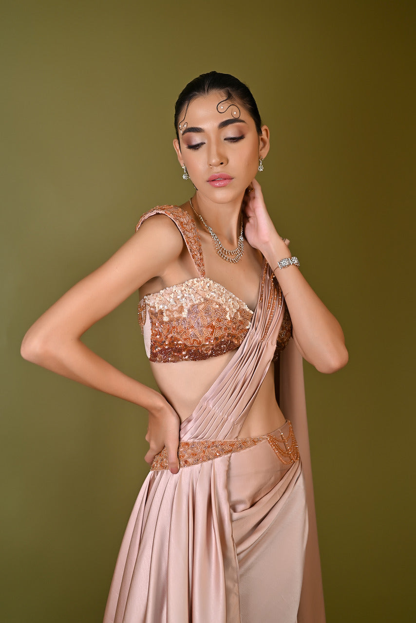 Beige ombre shaded pre stitched saree