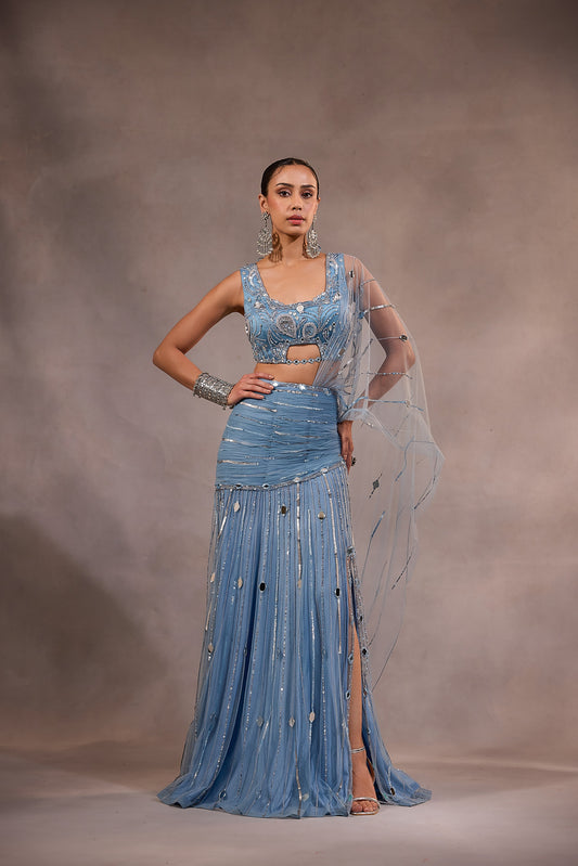 Powder Blue Embellished Mermaid Lehenga Saree Set