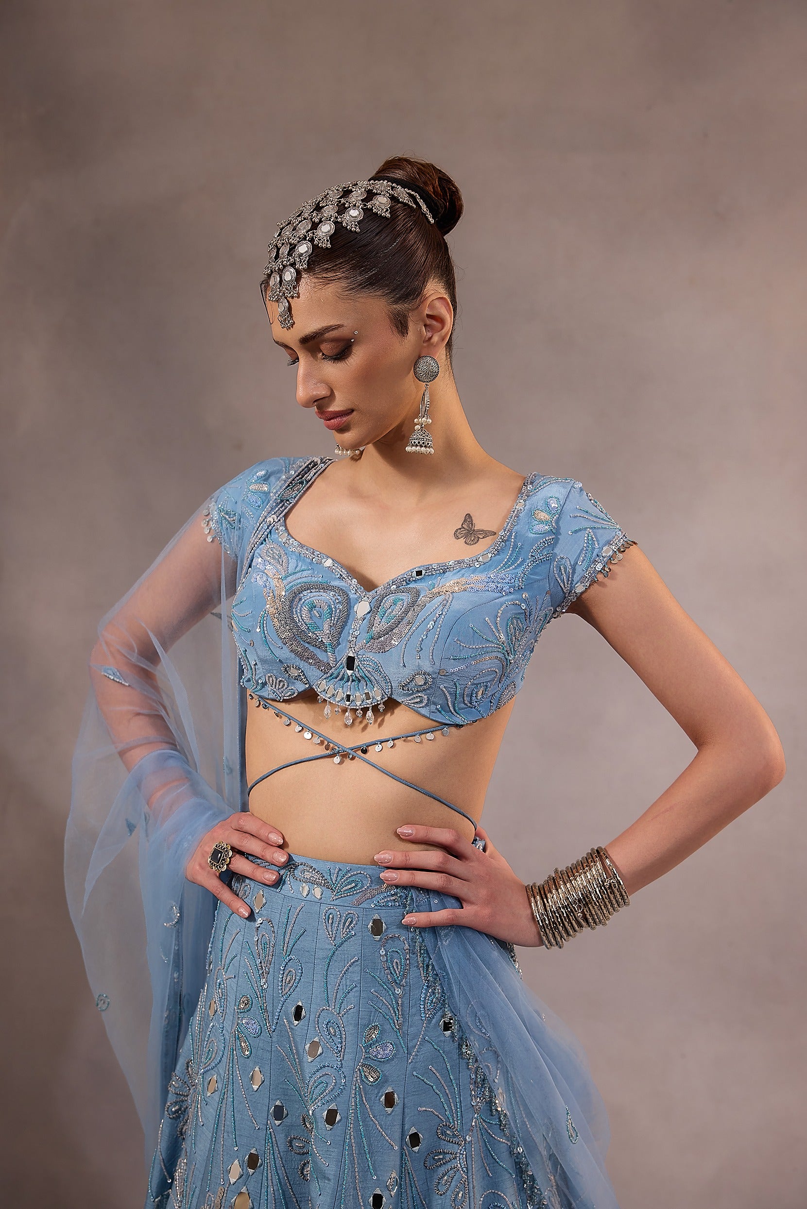 Powder Blue Mirror Embroidered Lehenga