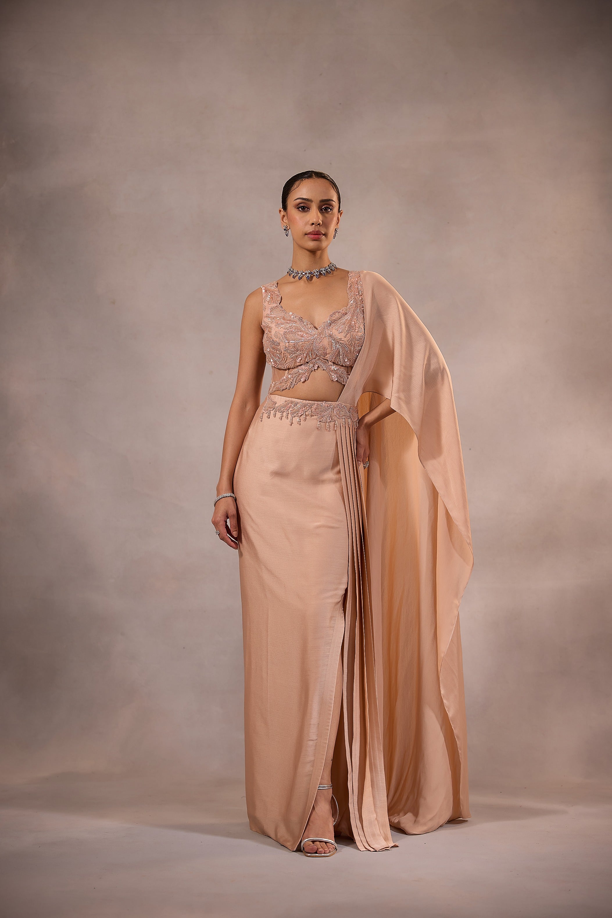 Champagne Pink Embellished Draped Saree Set with Sculpted Blouse