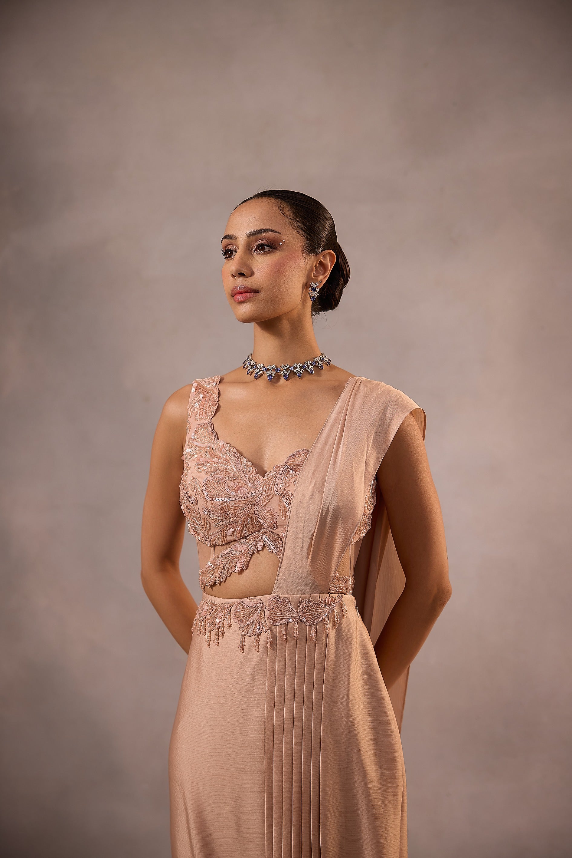 Champagne Pink Embellished Draped Saree Set with Sculpted Blouse