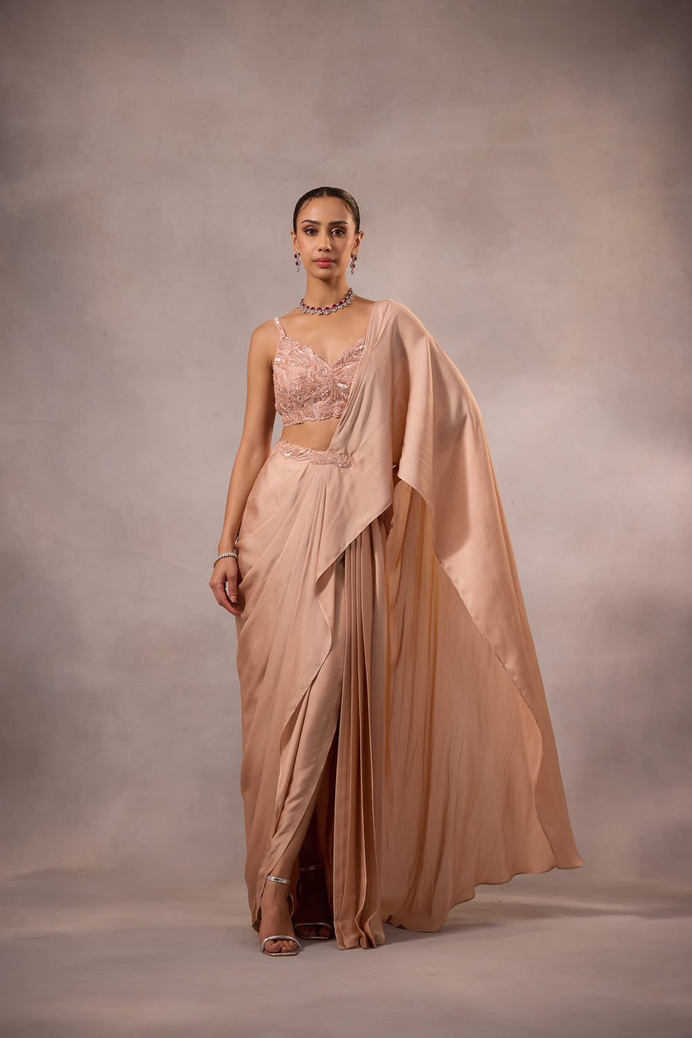 Champagne Pink Drape corset Saree with Blouse