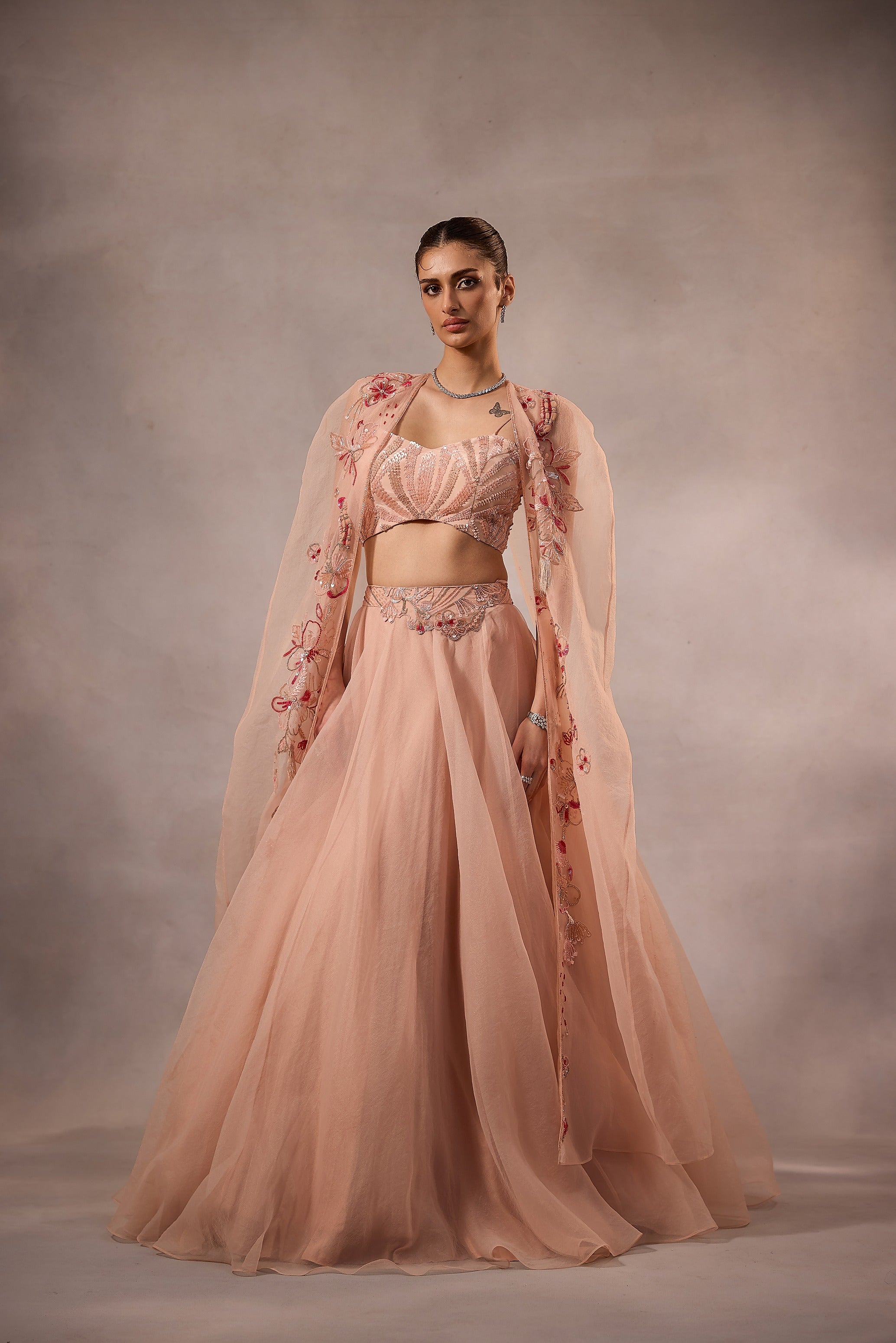 Powder Pink Embroidered Lehenga Set with cape -set of 3