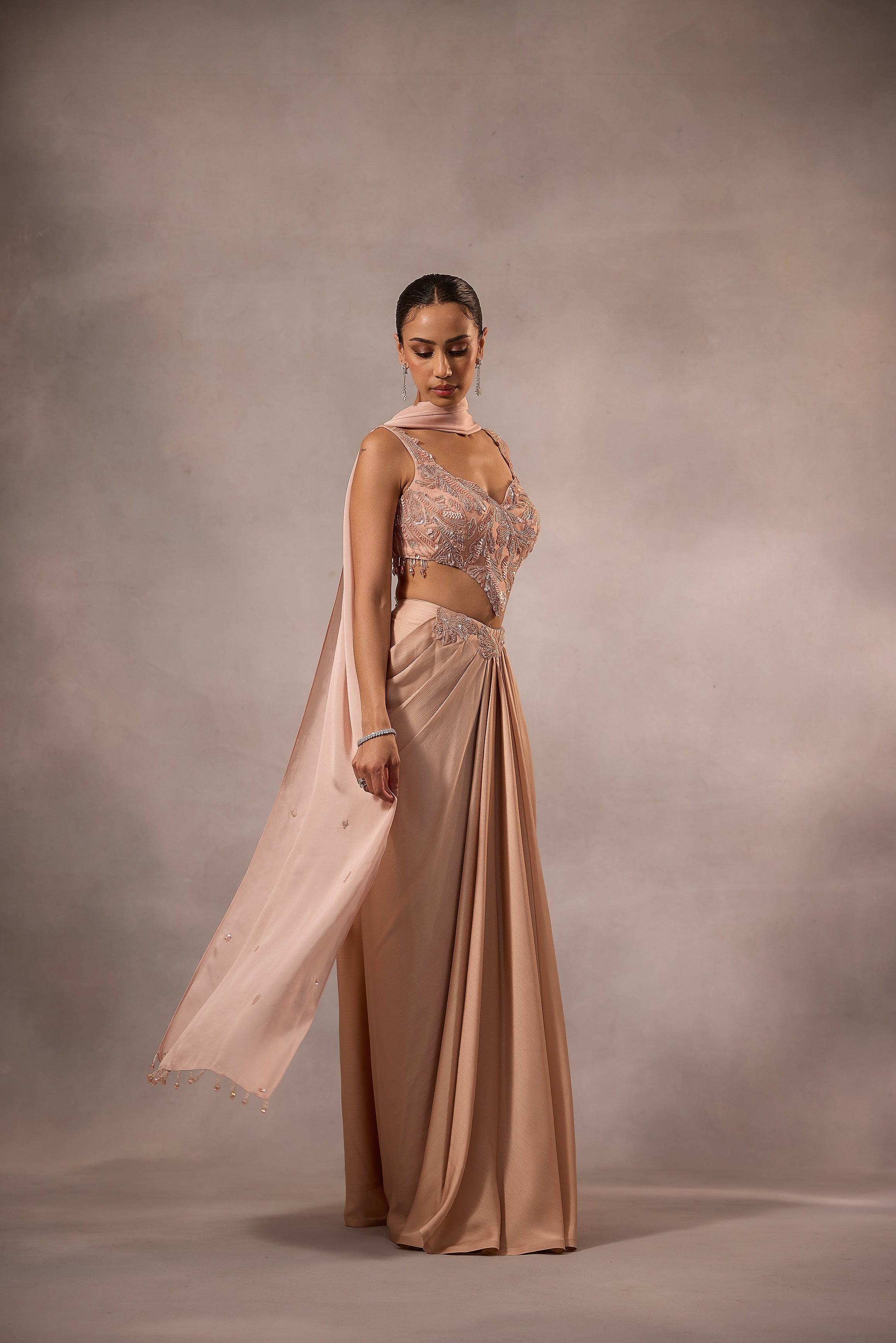 Champagne Pink Drape Skirt with Blouse & Stole