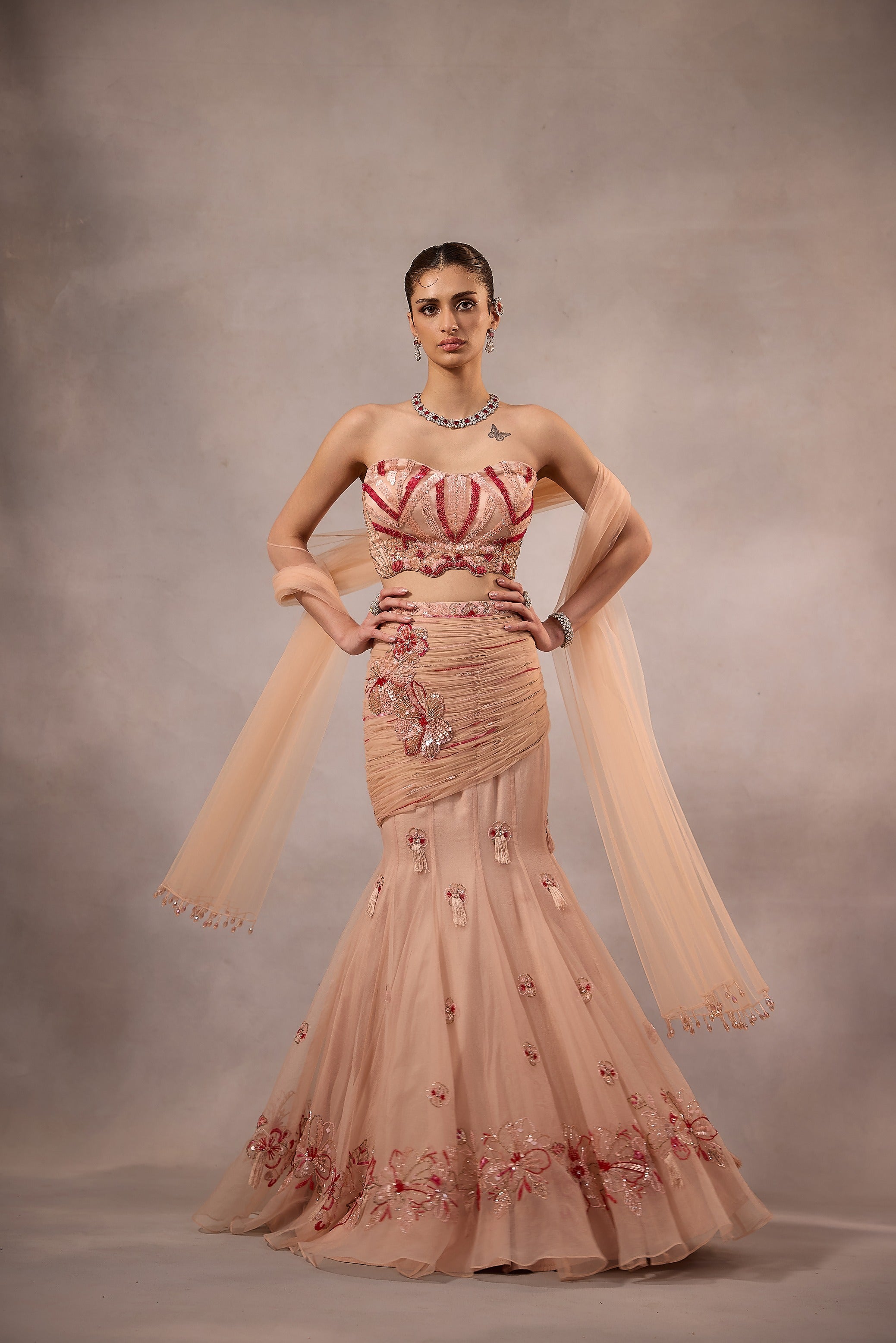 Powder Pink Embroidered Fishcut Drape Lehenga with Blouse -set of 3