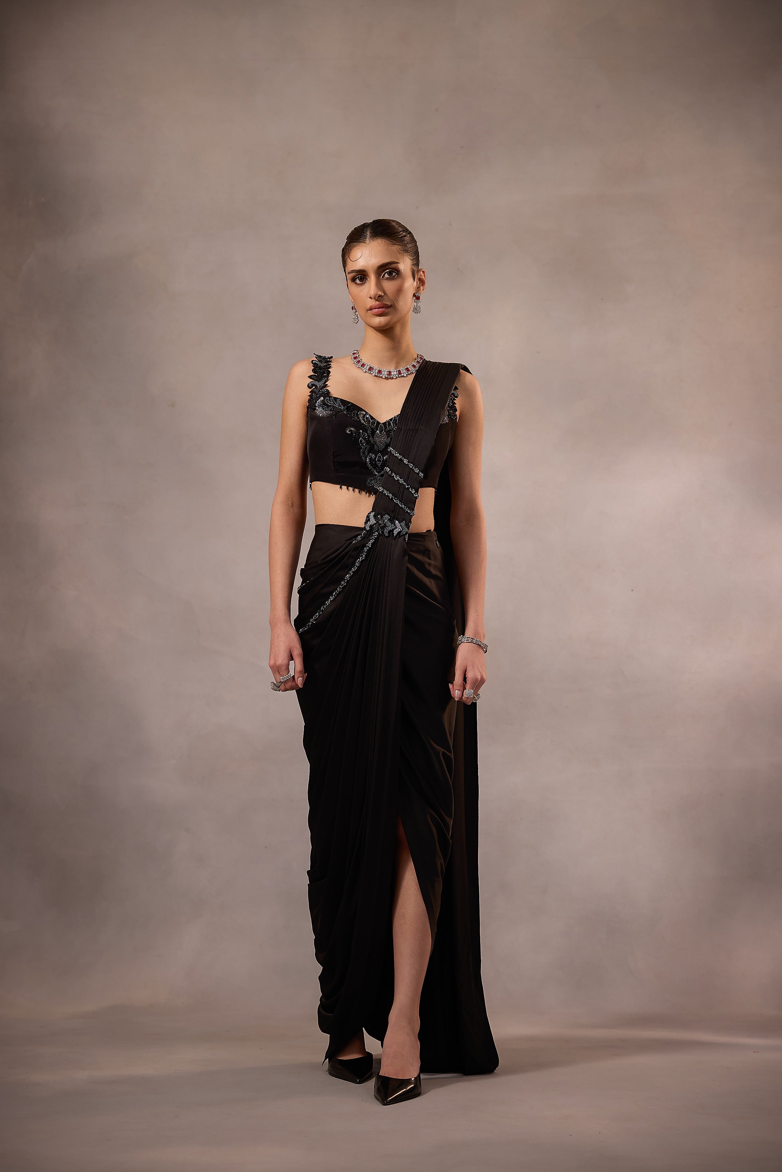 Black Embroidered Blouse with Drape Saree