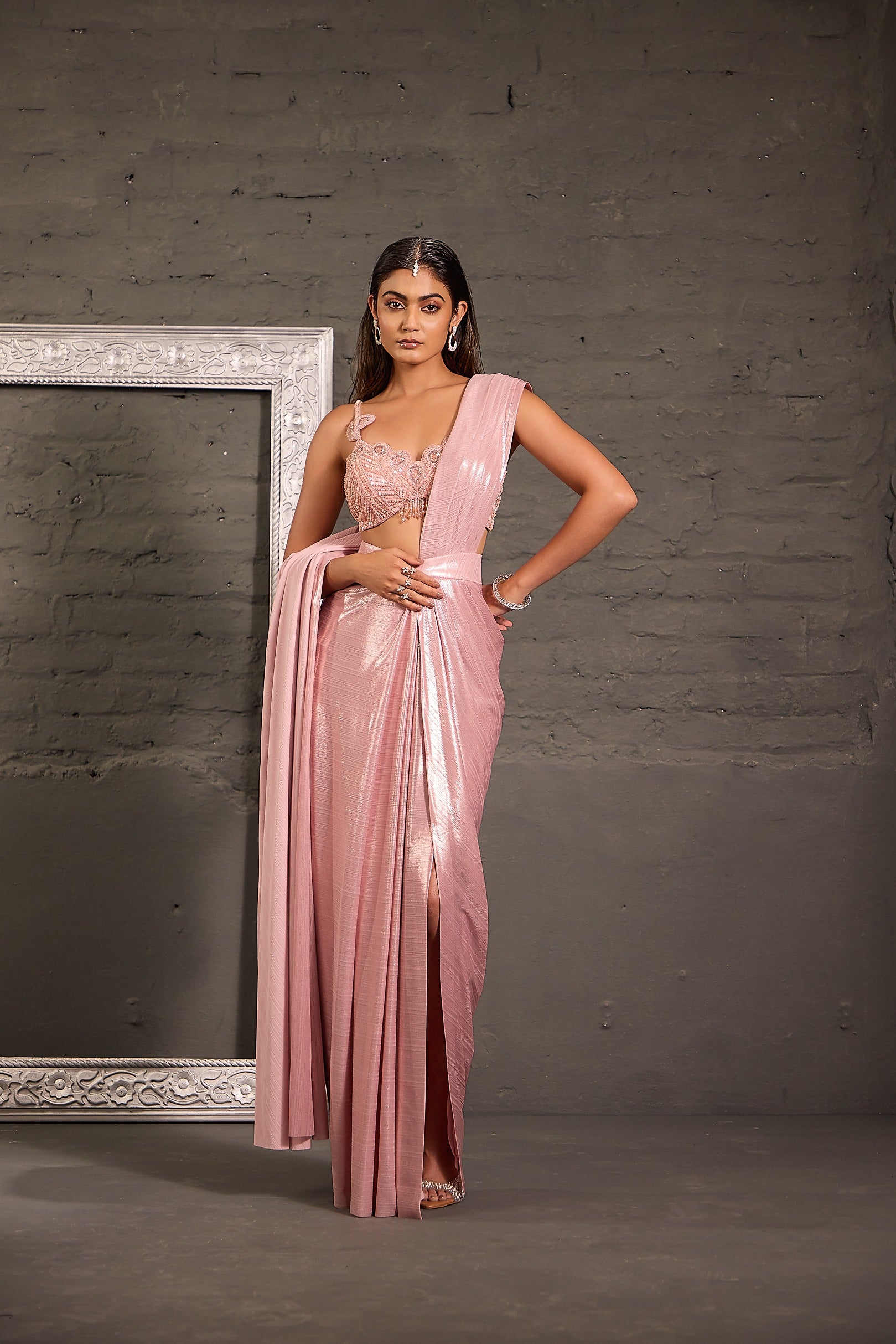 Pink Cutwork Blouse With Metallic Drape Saree