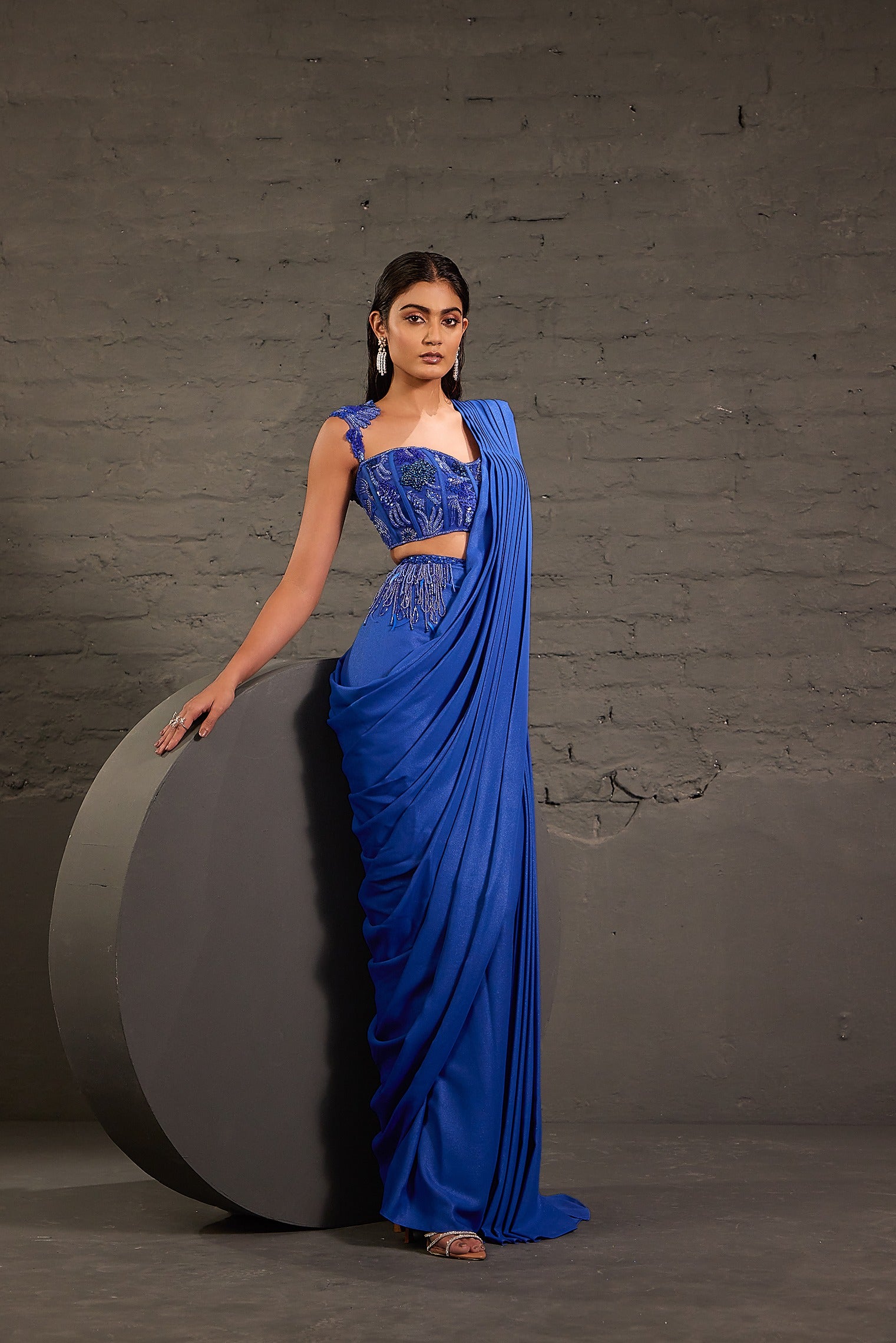 Royal Blue Metallic Drape Saree Set With Cutwork Corset Blouse
