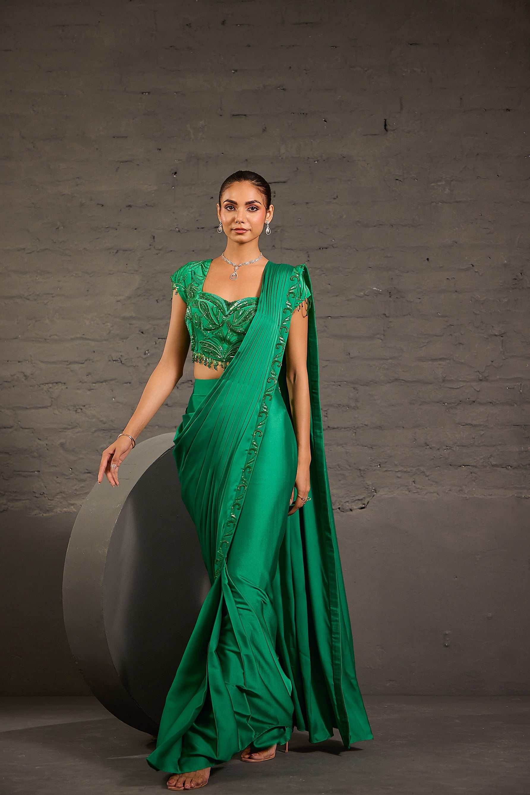 Emerald Green Embroidered Border Drape Saree Set
