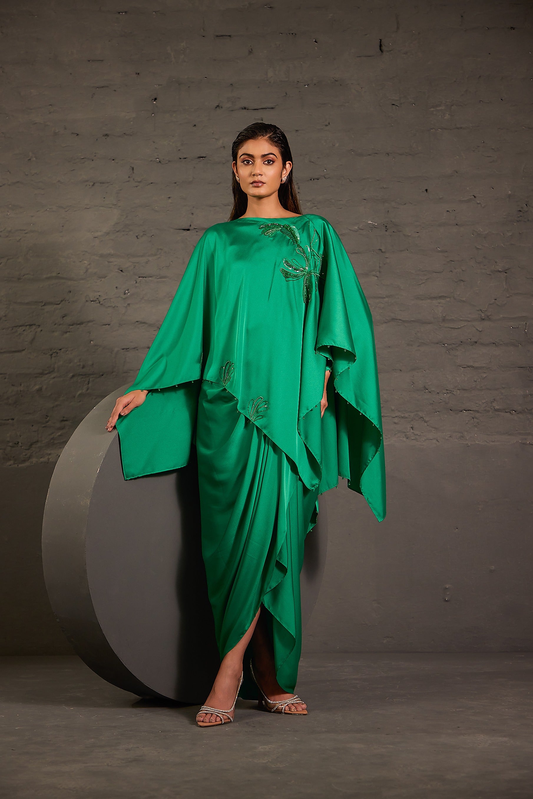 Emerald Green Flowy Kaftaan With Drape Skirt