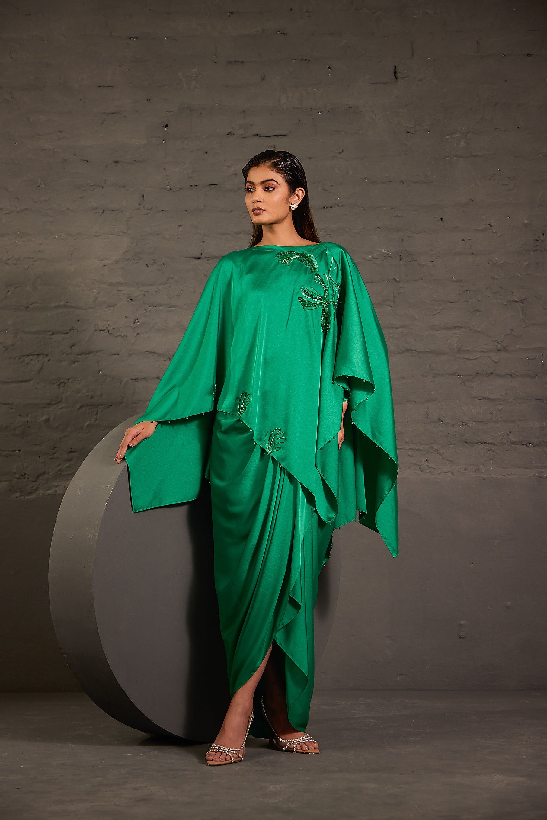Emerald Green Flowy Kaftaan With Drape Skirt
