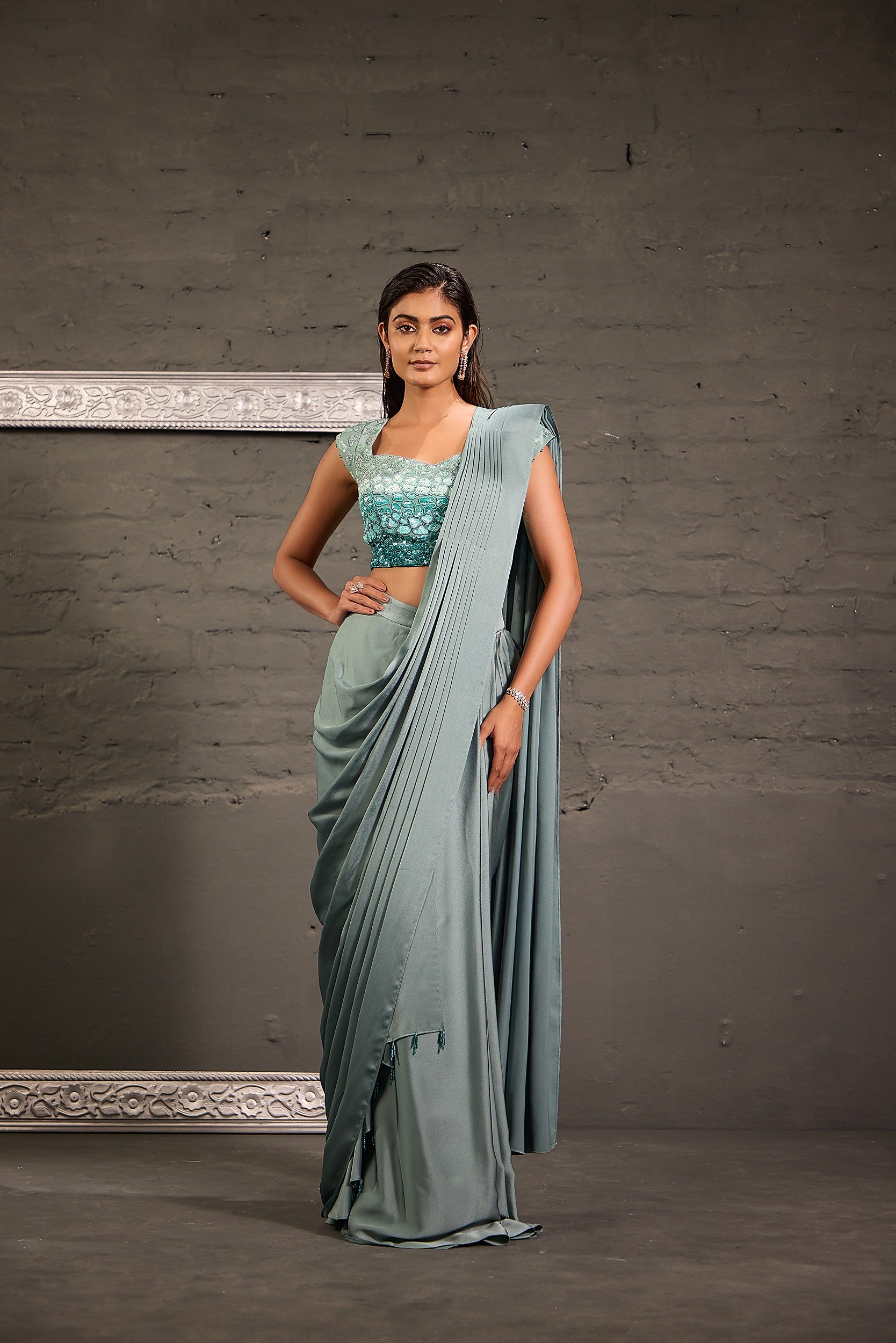 Ombre Sea Green Blouse With Drape Saree