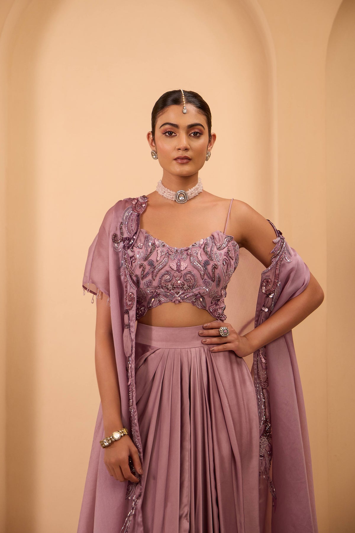 Purple Hand Embroidered Strappy Blouse with Drape Skirt