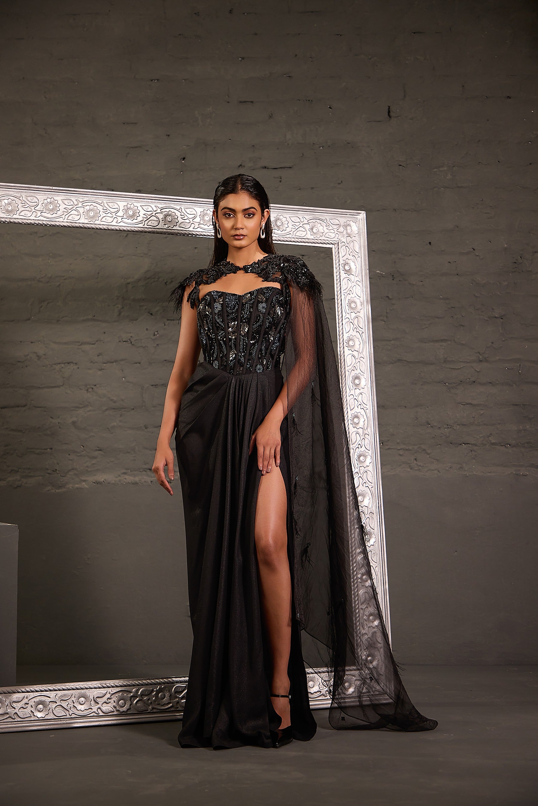 Metallic Corset Gown With Detachable Shoulder Cape