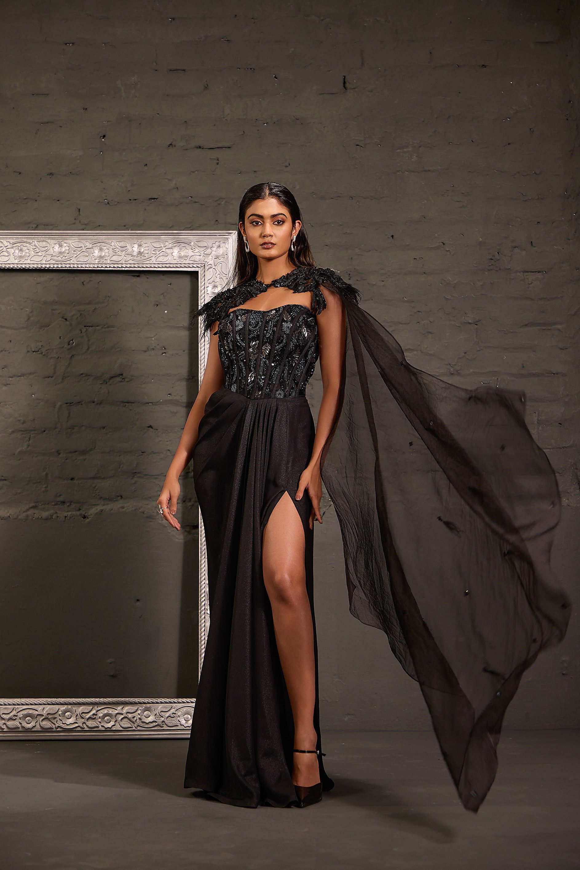 Metallic Corset Gown With Detachable Shoulder Cape