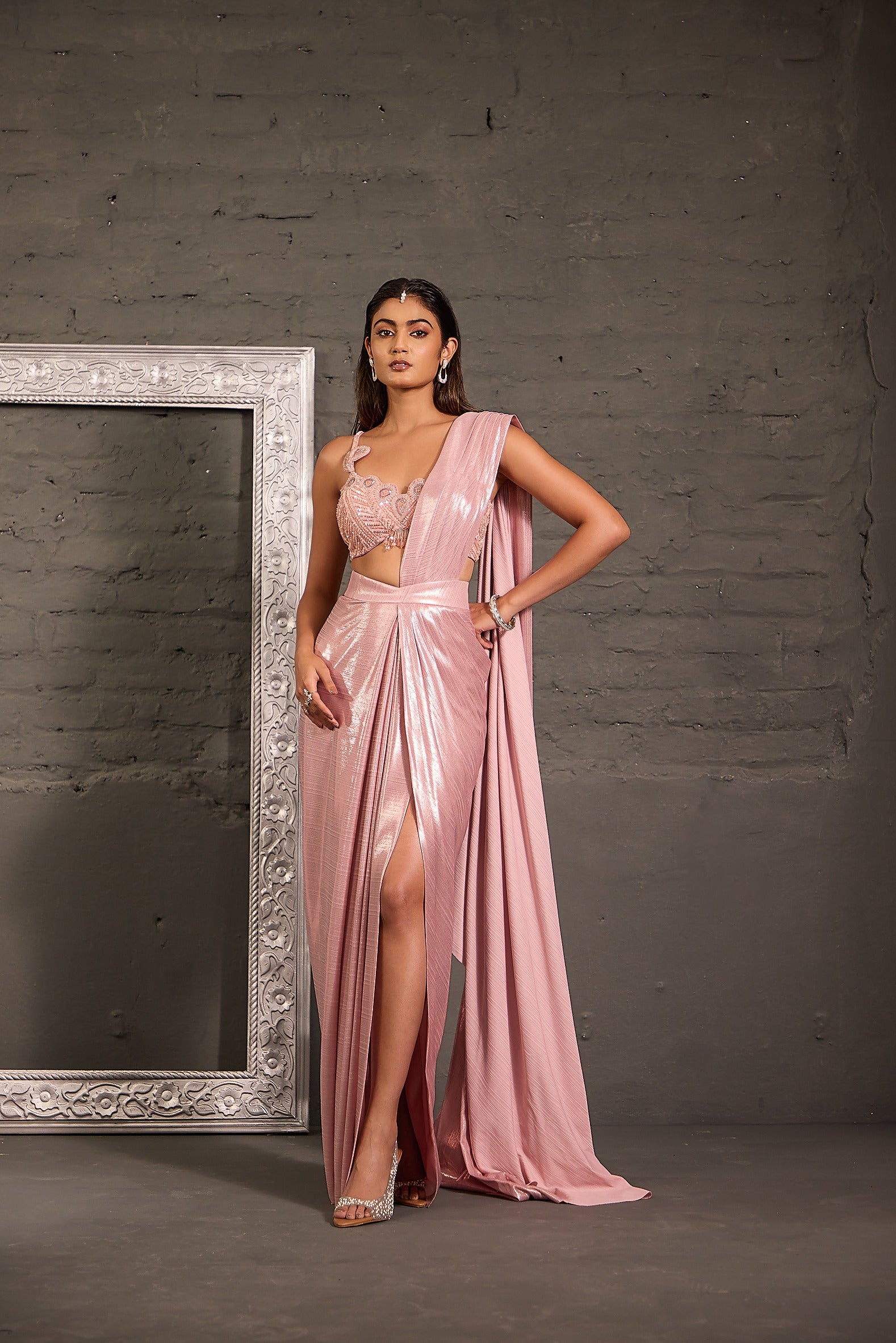 Pink Cutwork Blouse With Metallic Drape Saree