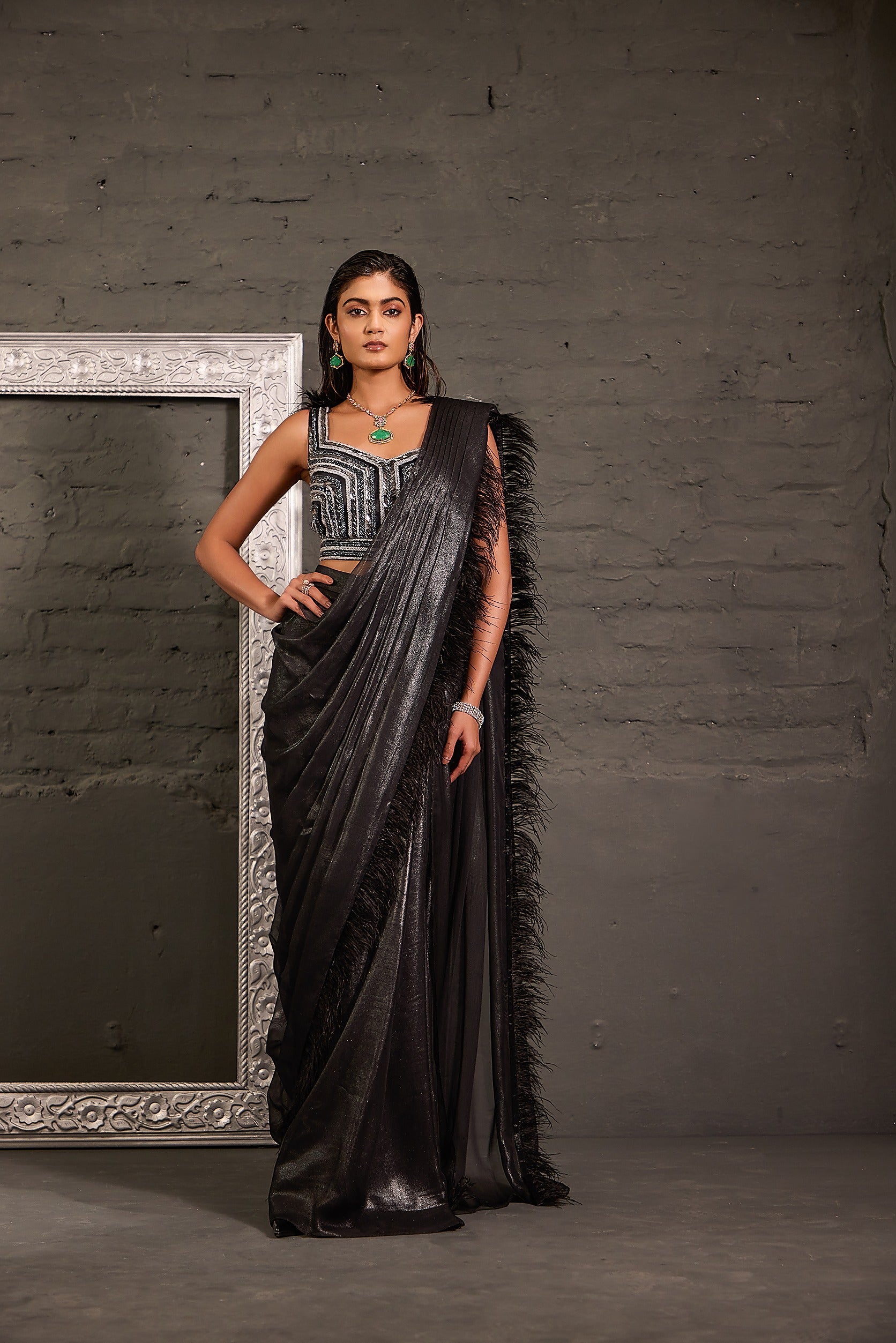 Black Hand Embroidered Blouse With Feather Palla Drape Saree