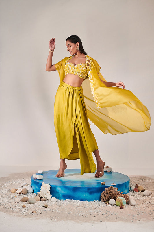 Lime yellow Cutwork cape set With 3d Embroidered Details