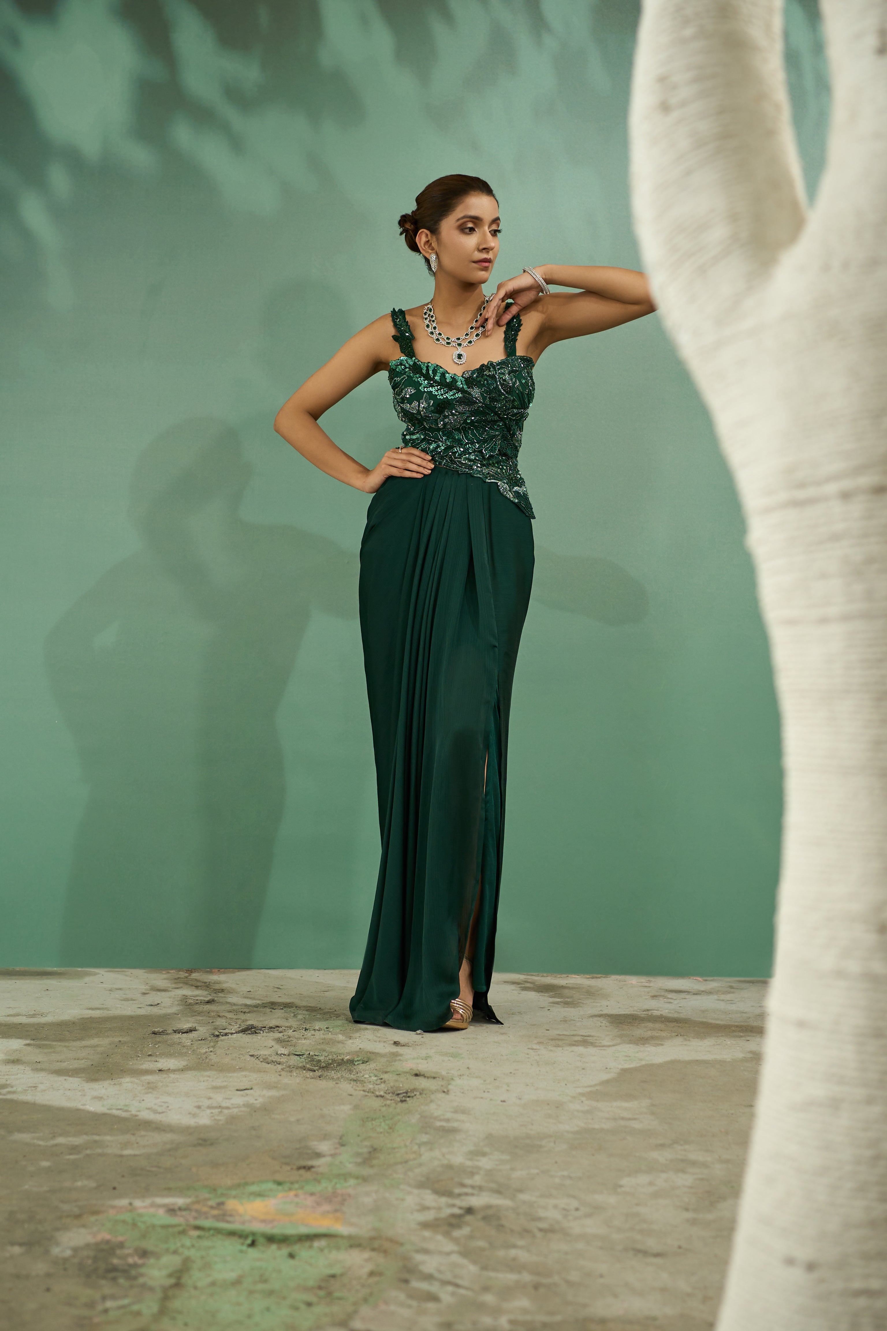 Emerald Green Cutwork Top And Drape Skirt Set