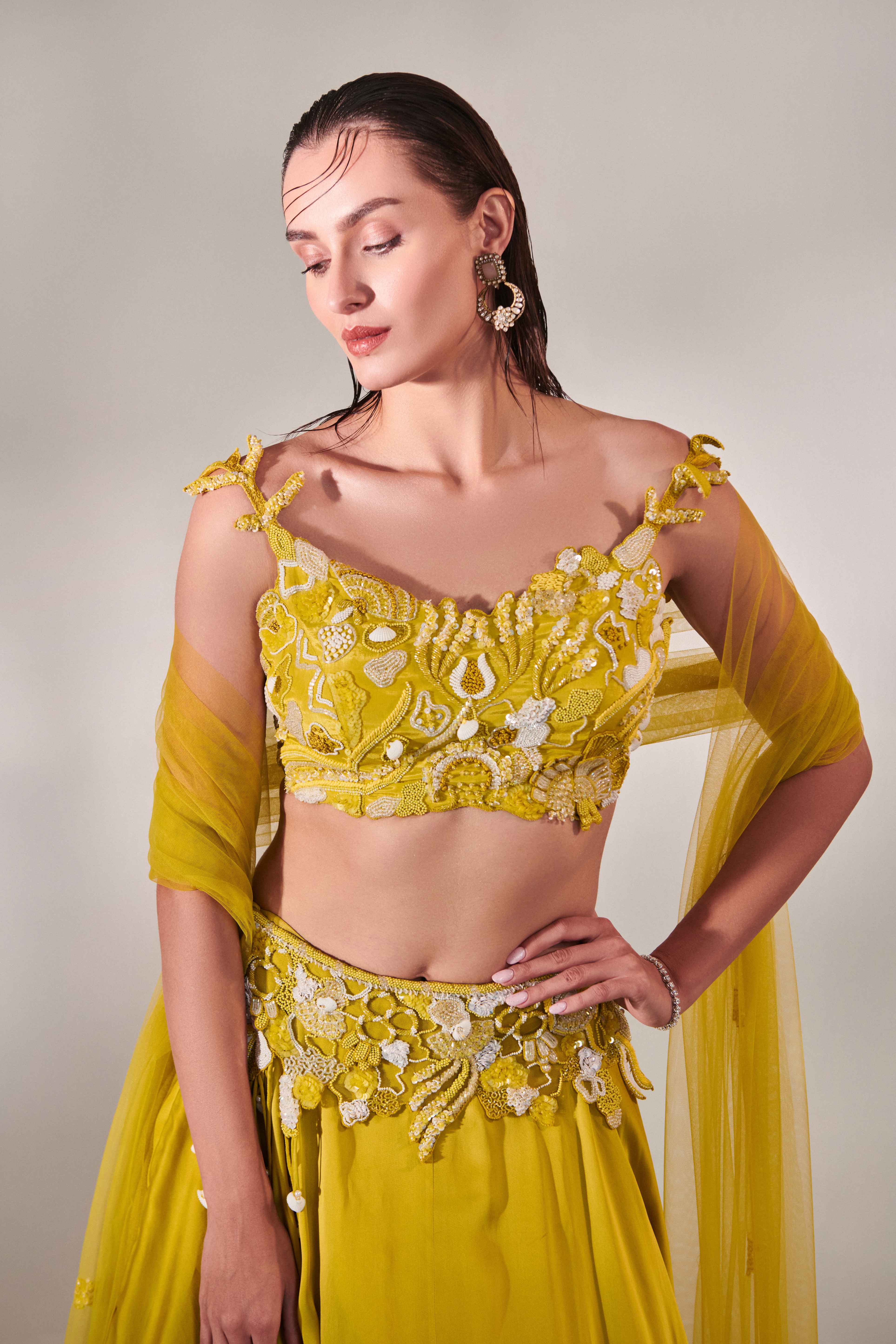 Off Shoulder Cutwork Blouse Lehenga