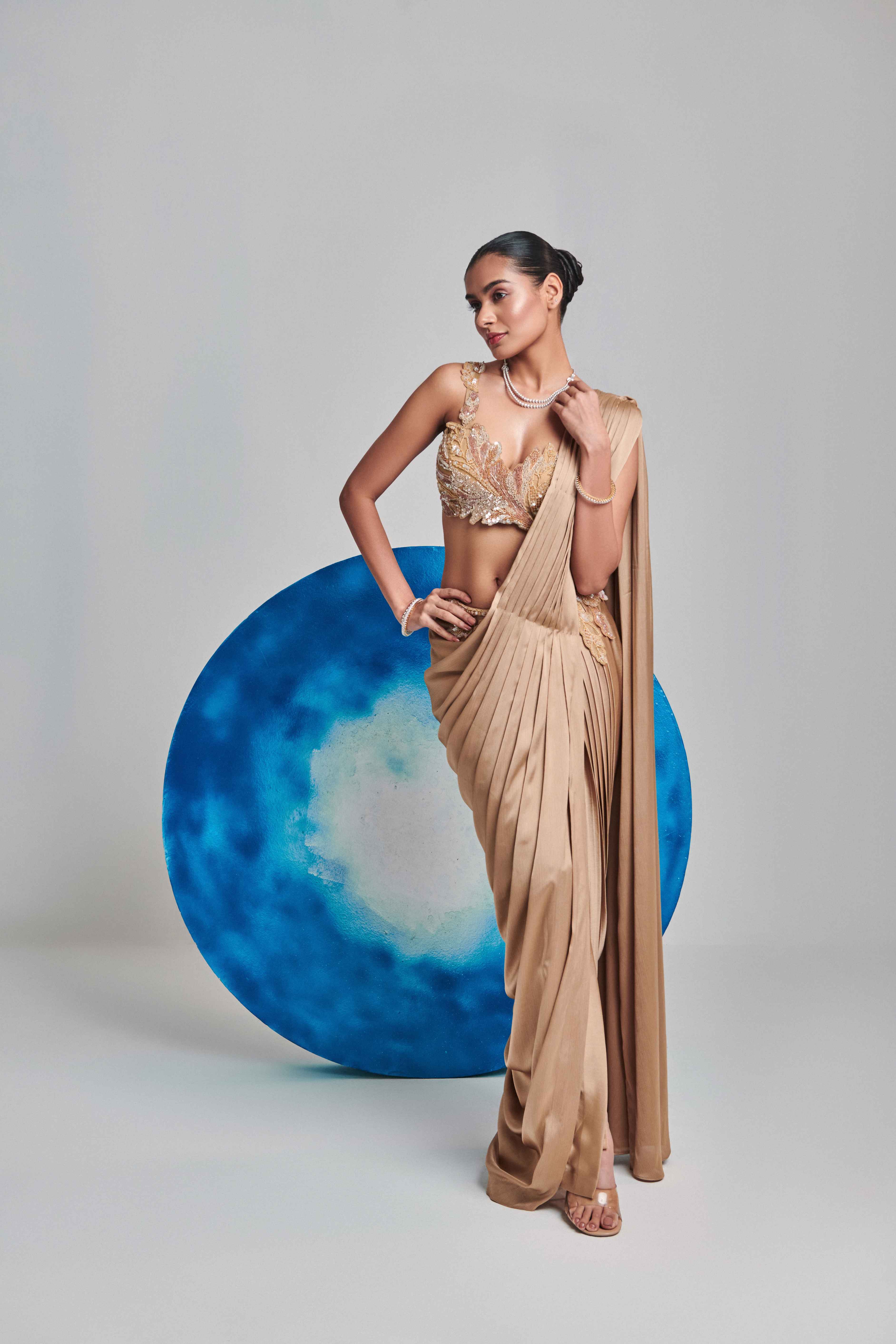 Champagne Gold Pre Stitch , Hand Pleated Drape Saree Set