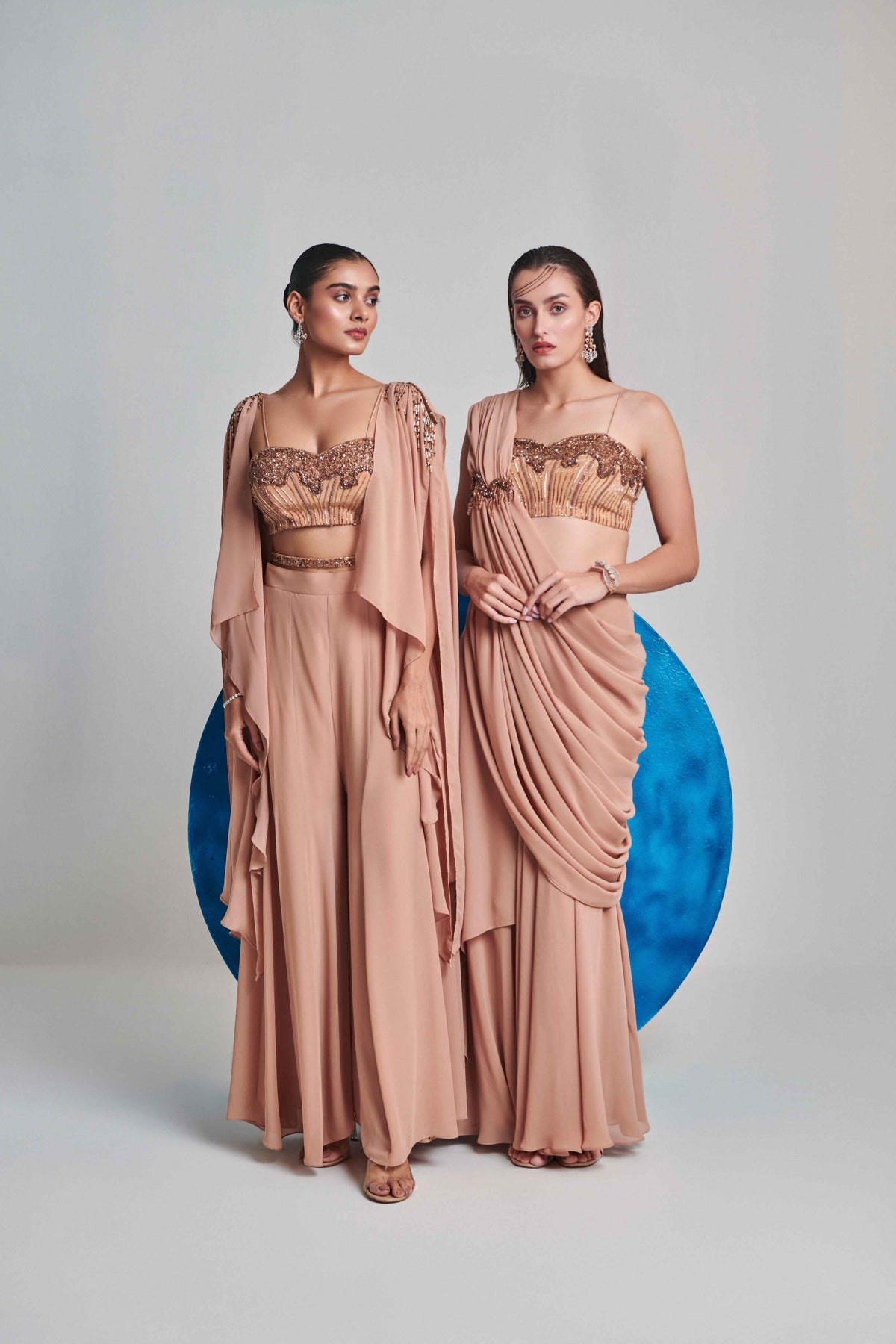 Beige Flared Pre Stitch Drape Saree