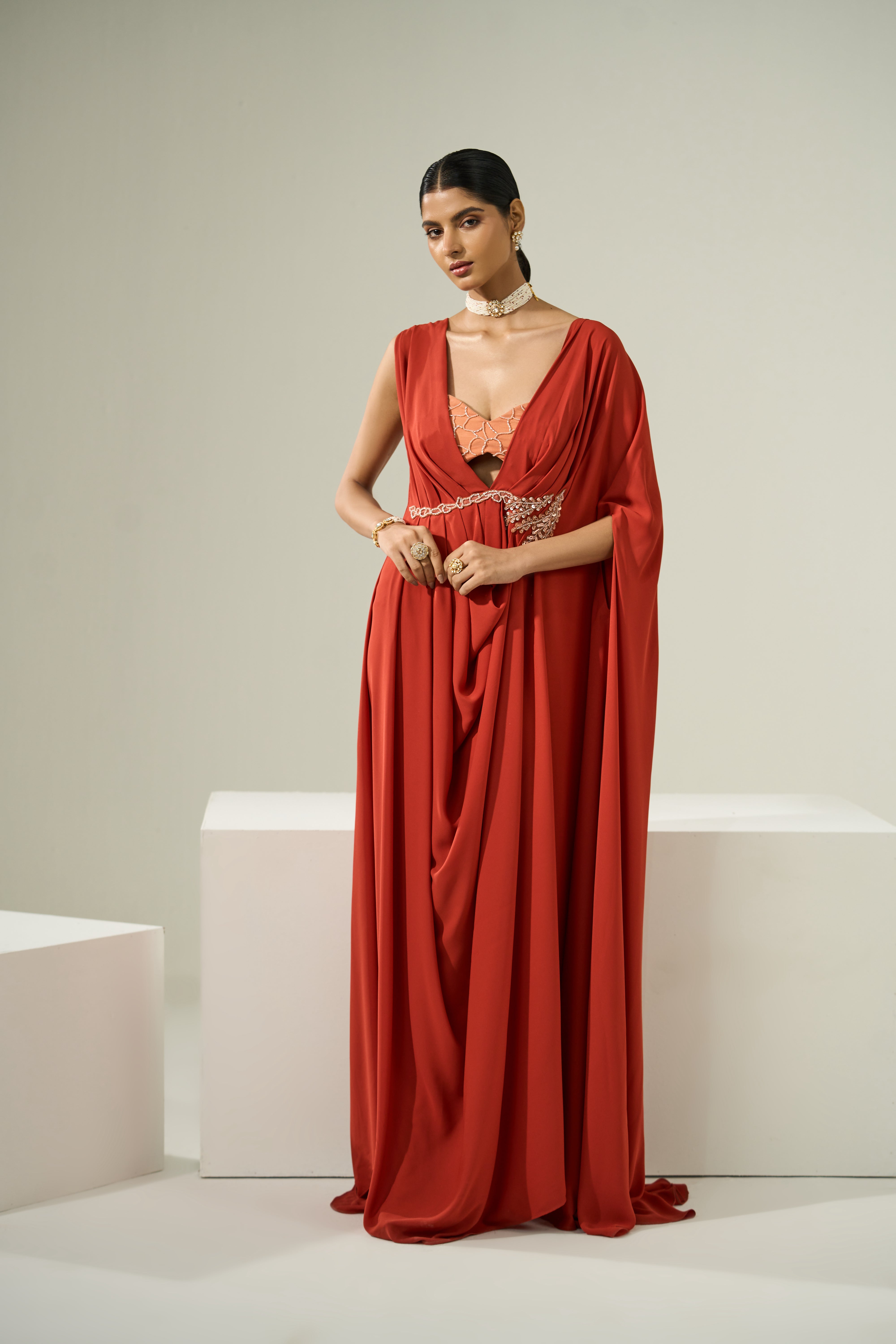 Rust Orange Drape Kaftan With Bustier