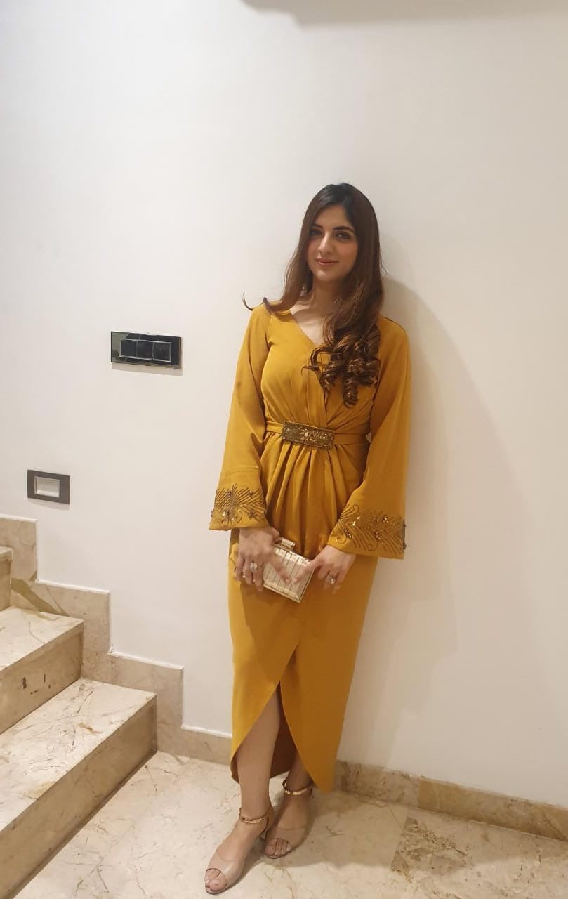 Mustard overlap drape dress