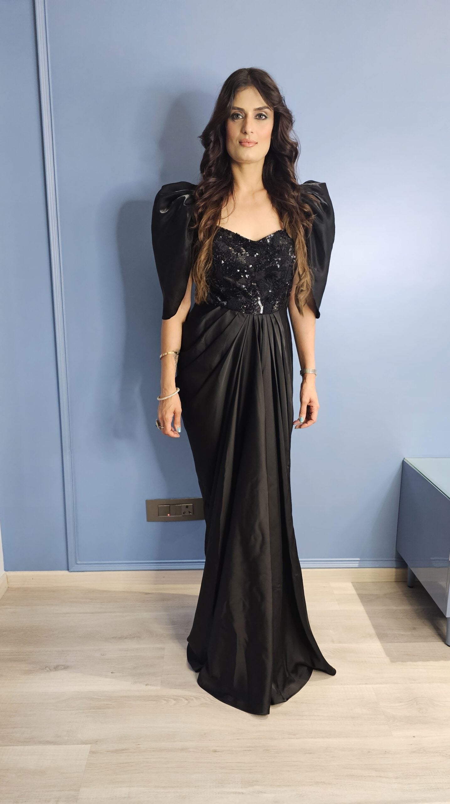 Avantika in Queen Sleeves drape gown with slit