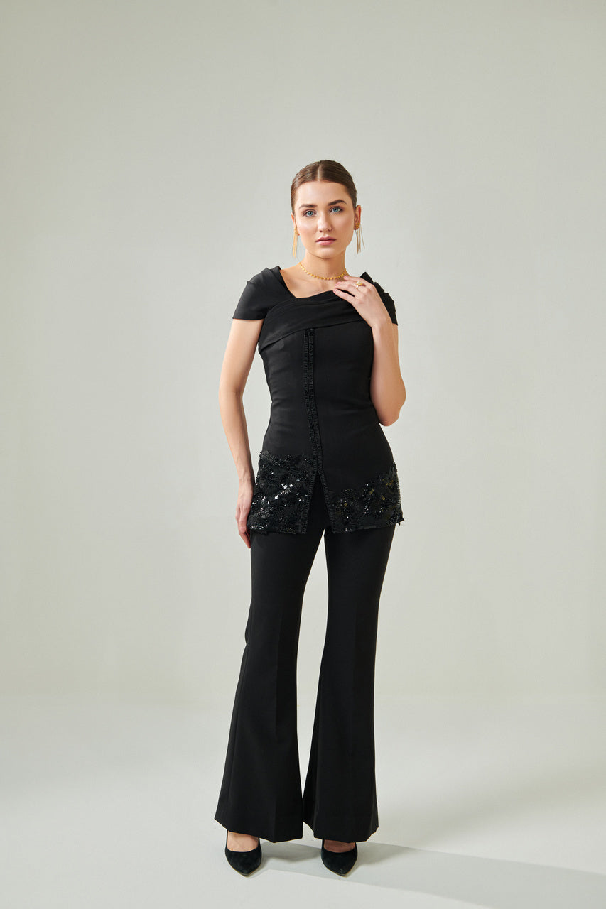 Power shoulder hand embellished co ord set