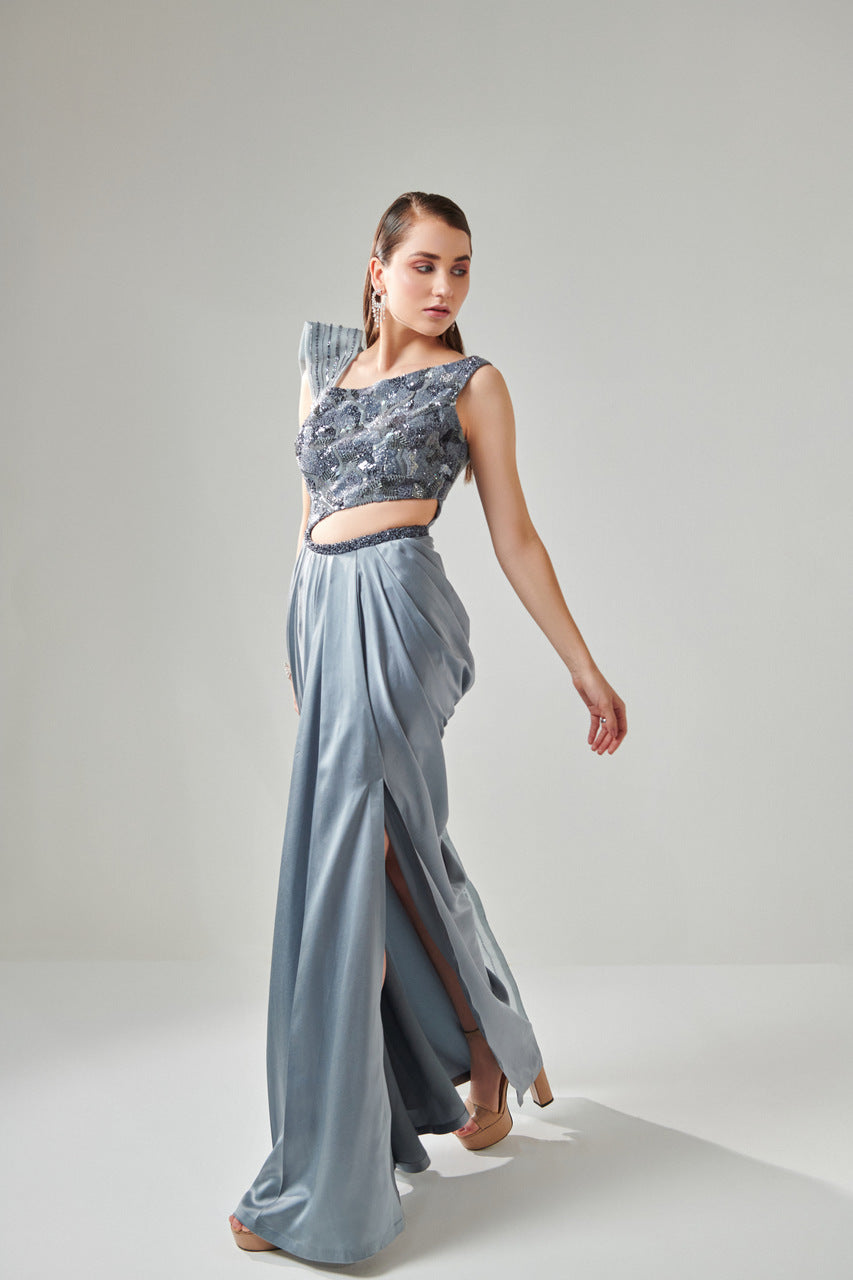 Ash grey draped saree gown