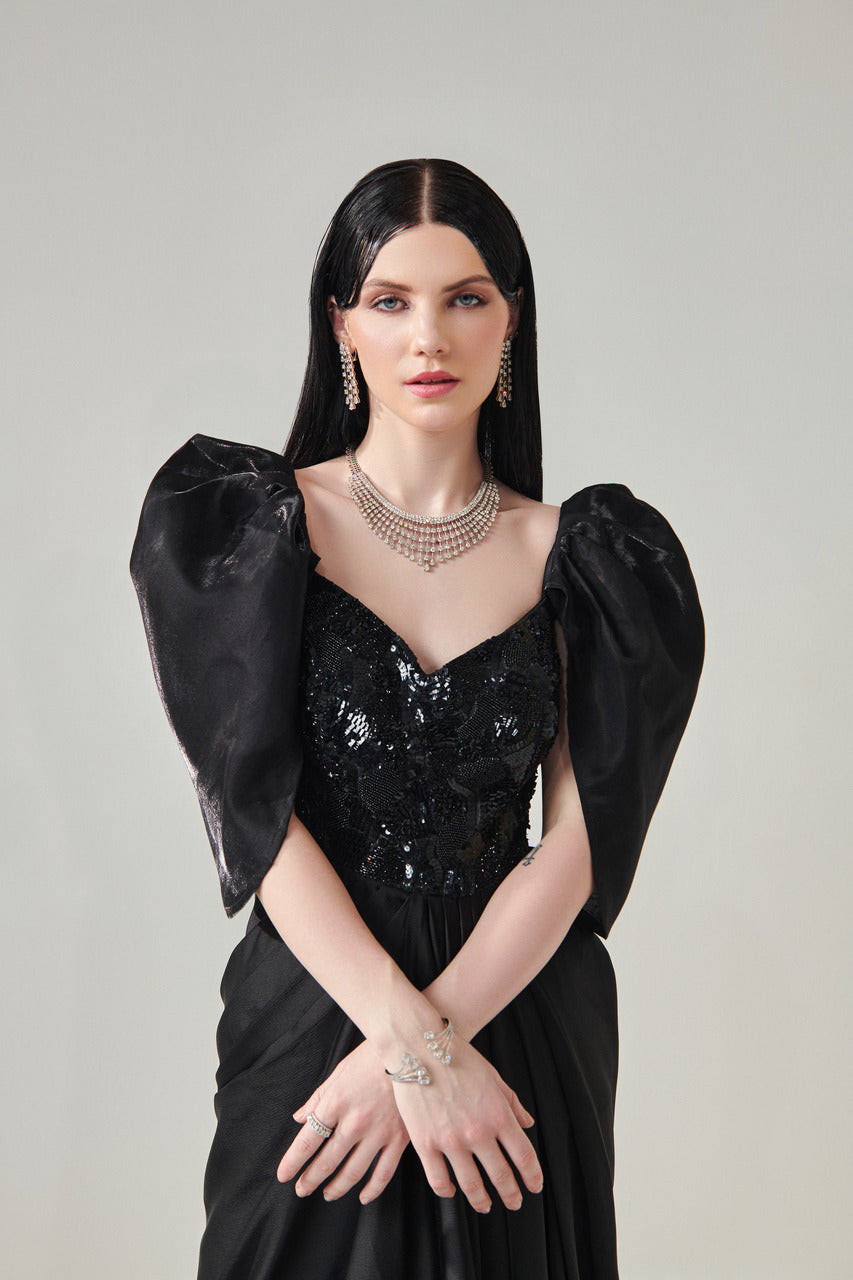 Avantika in Queen Sleeves drape gown with slit