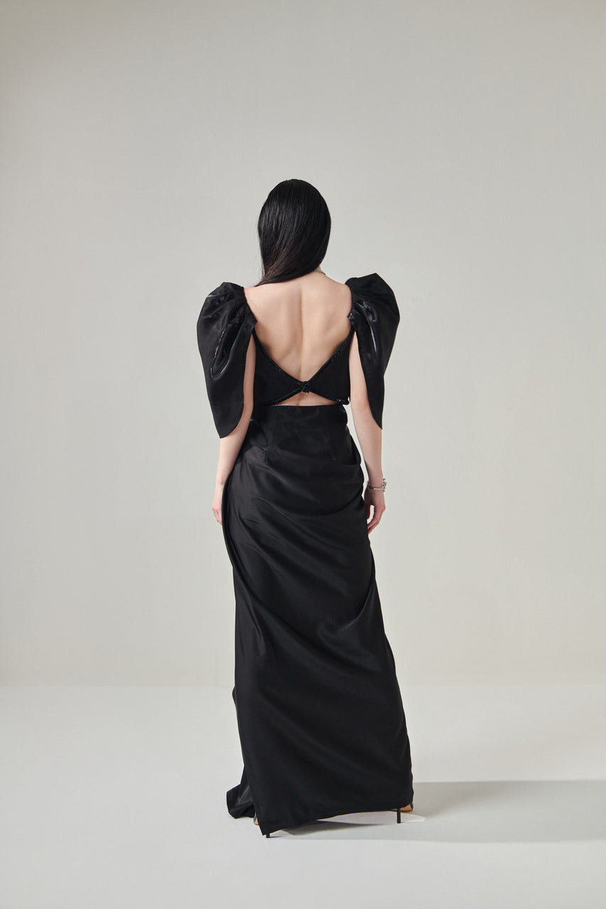 Avantika in Queen Sleeves drape gown with slit