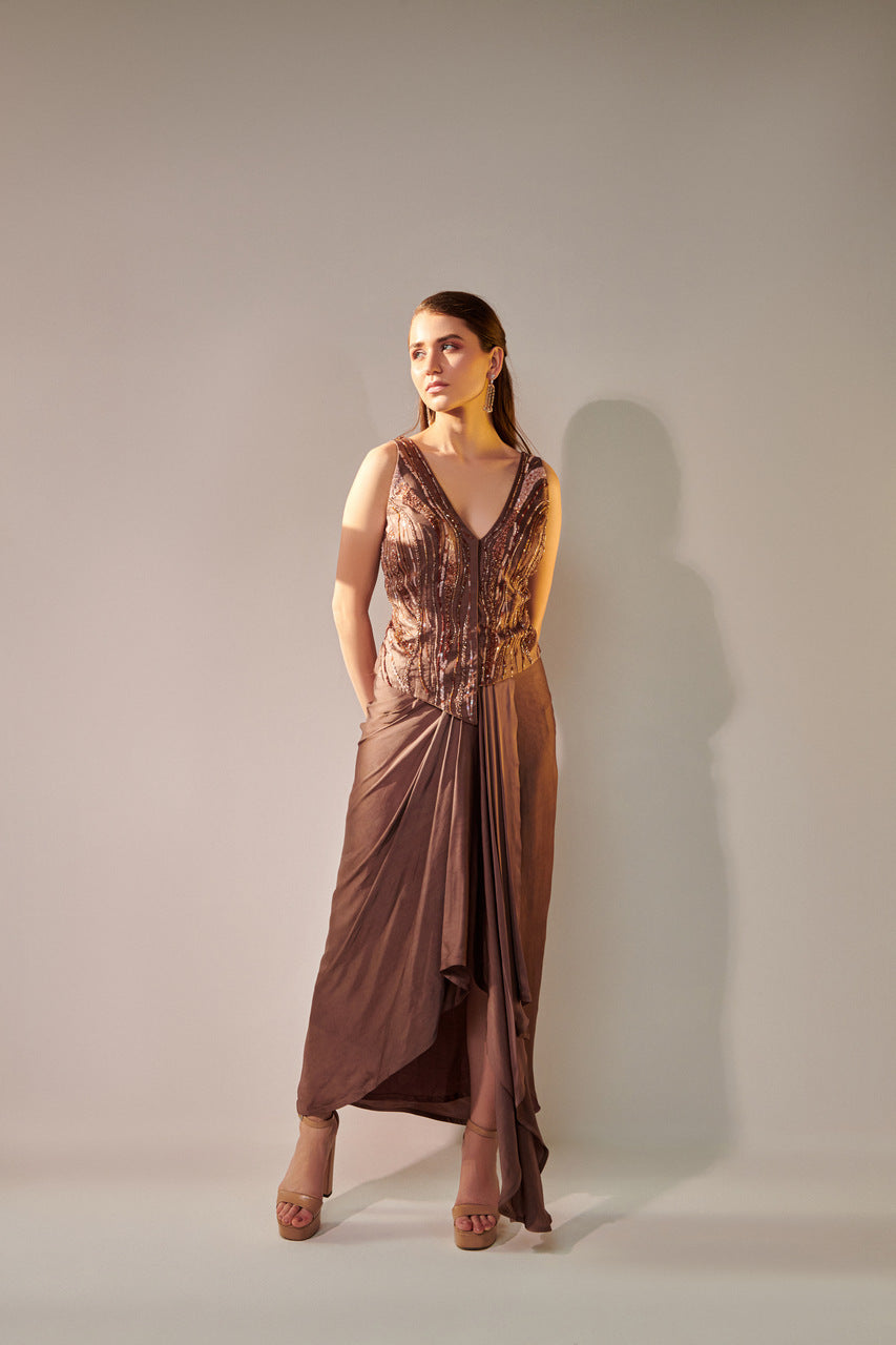 Earthy brown drape skirt jacket set