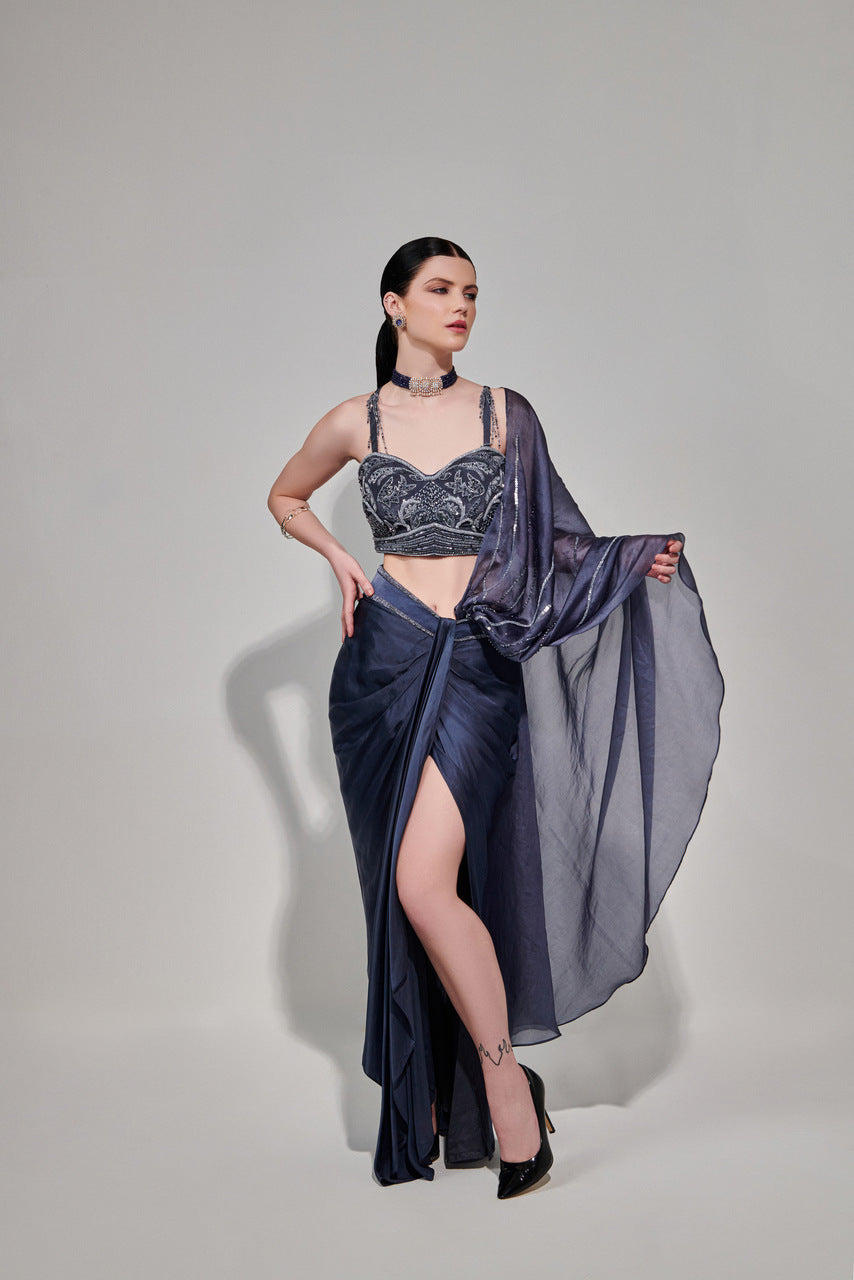 Charcoal drape saree set