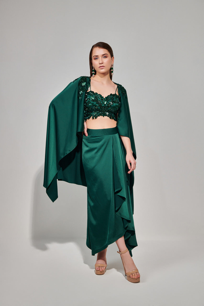 Emarald green cutwork cape set