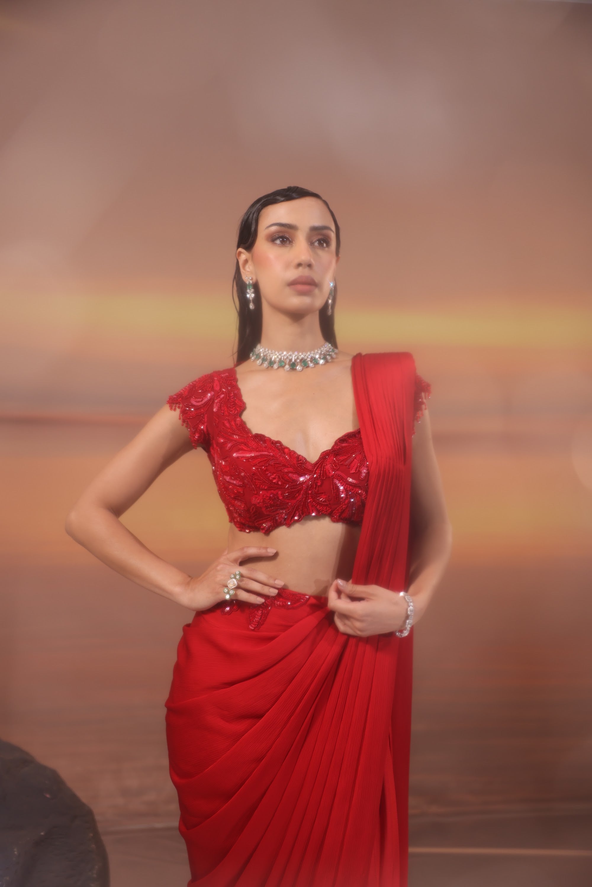 Crimson Pleated Drape Saree - view 6