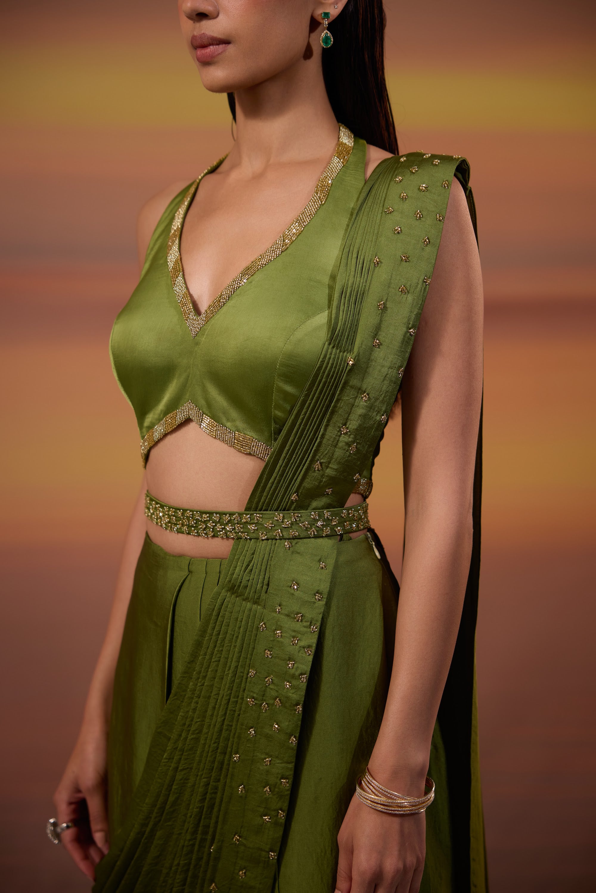 Olive Green Halter Neck Draped Saree Set - view 4