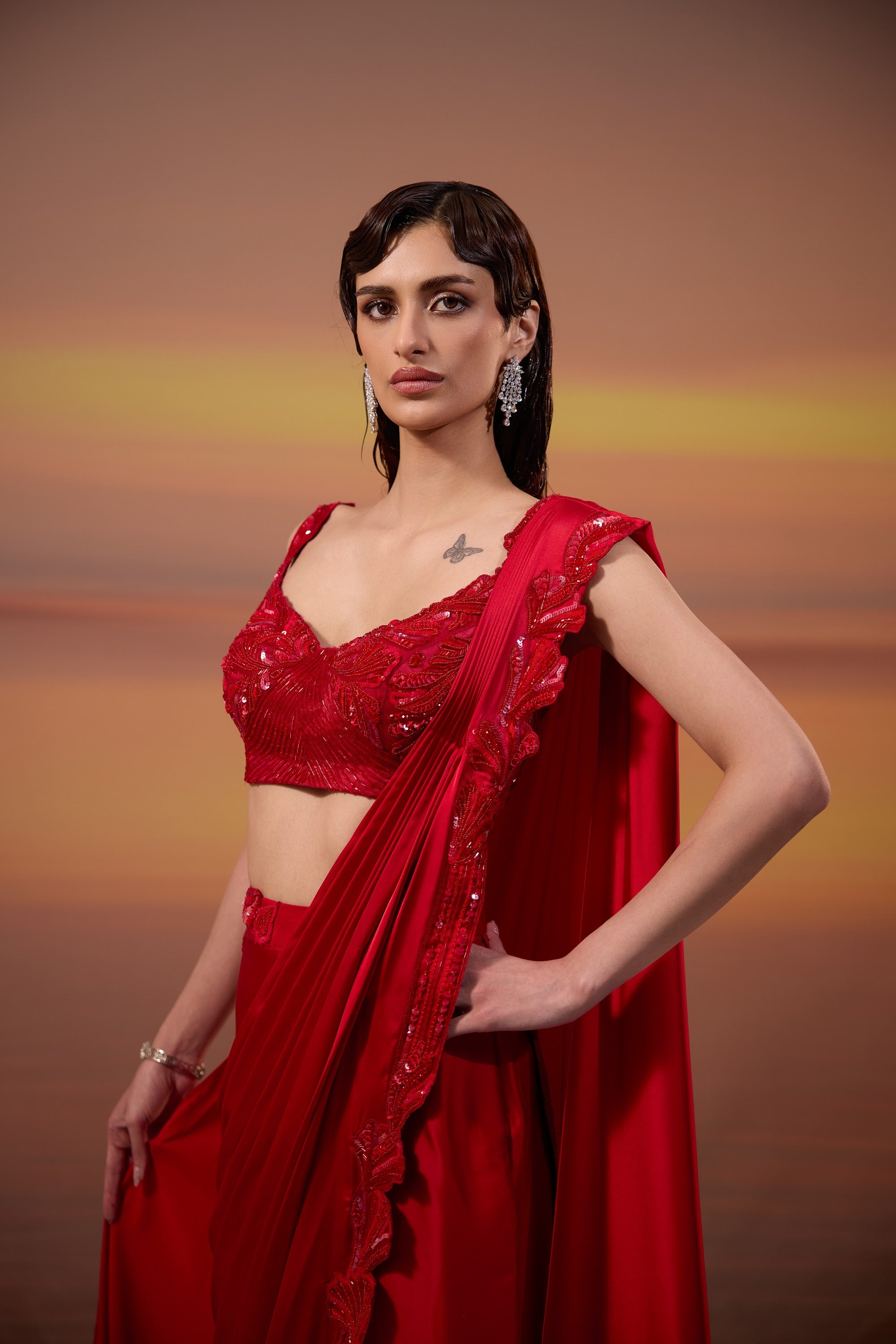 Crimson Embellished Draped Saree - view 3